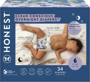 The Honest Company Clean Conscious Overnight Diapers for Sensitive Skin | Hypoallergenic, Fragrance Free | Cozy Cloud   Star Signs | Club Box, Size 6 (35  lbs), 34 Count