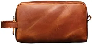 The Tannery Vintage Crazy Horse Full Grain Leather Toiletry Dopp Kit Bag Travel Make up Cosmetic Bag Big Leather Toiletry Bag for Unisex (Tan Brown)