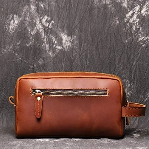 The Tannery Vintage Crazy Horse Full Grain Leather Toiletry Dopp Kit Bag Travel Make up Cosmetic Bag Big Leather Toiletry Bag for Unisex (Tan Brown)