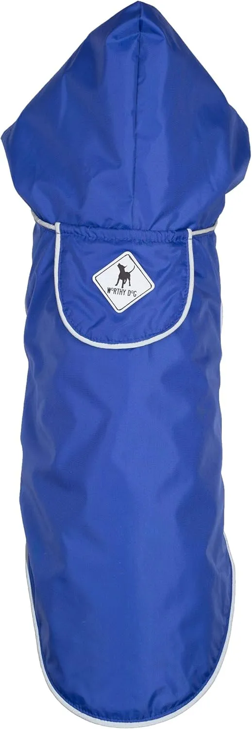 The Worthy Dog Seattle Slicker Wind and Water Resistant Hooded Rain Jacket with Reflective Trim for Small Medium Large Dogs, Blue, LG