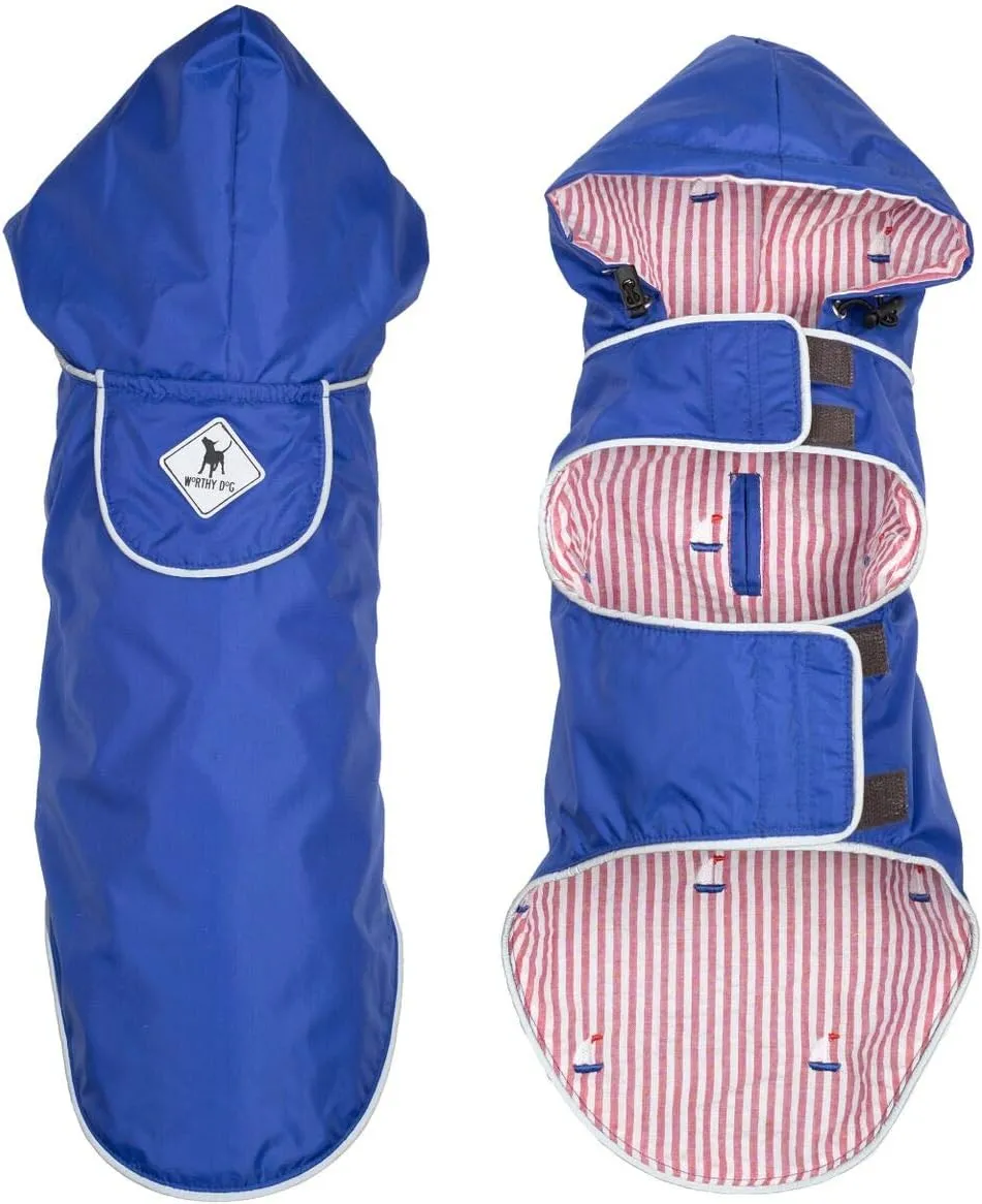 The Worthy Dog Seattle Slicker Wind and Water Resistant Hooded Rain Jacket with Reflective Trim for Small Medium Large Dogs, Blue, LG