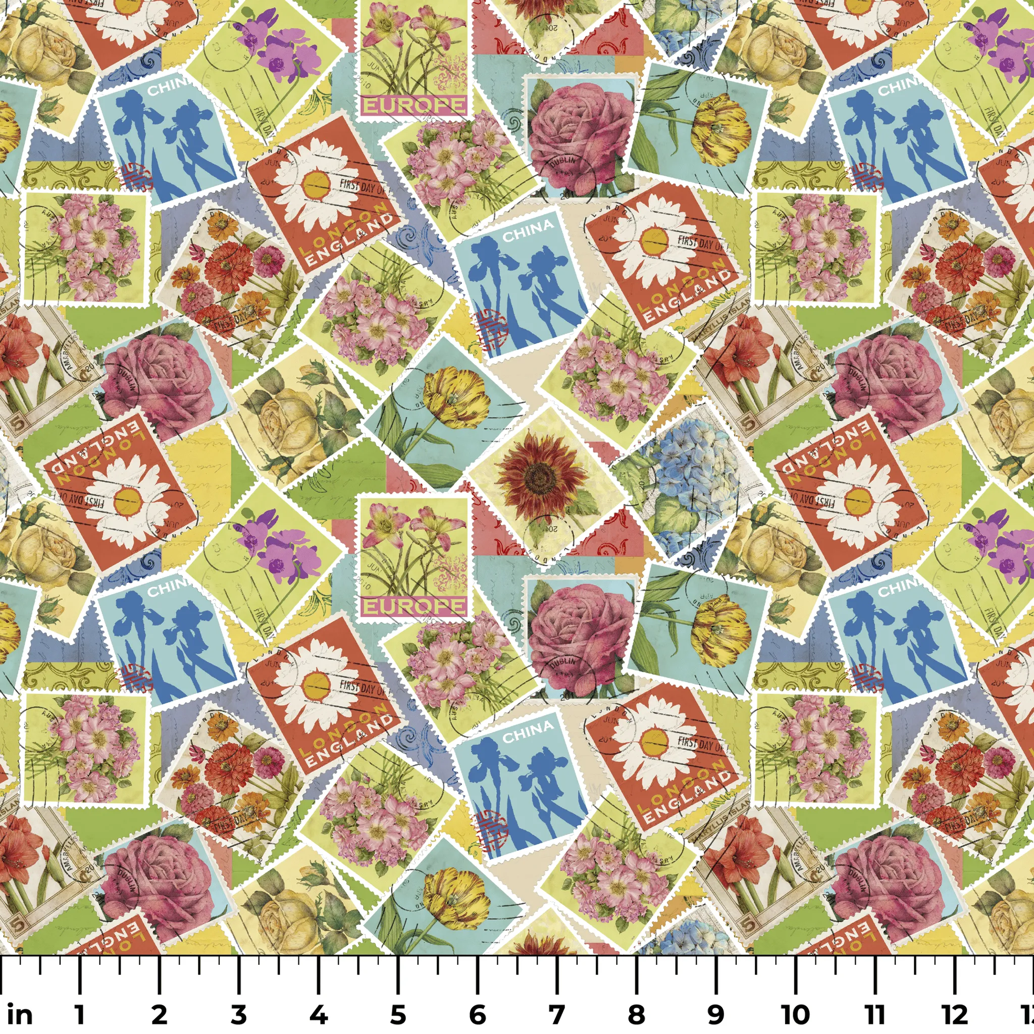Tim Coffey - Postal Blooms - Vintage Floral Stamps Fabric