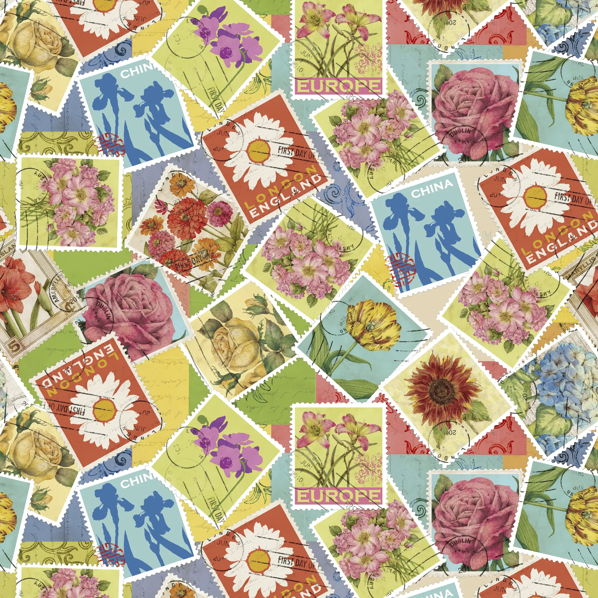 Tim Coffey - Postal Blooms - Vintage Floral Stamps Fabric