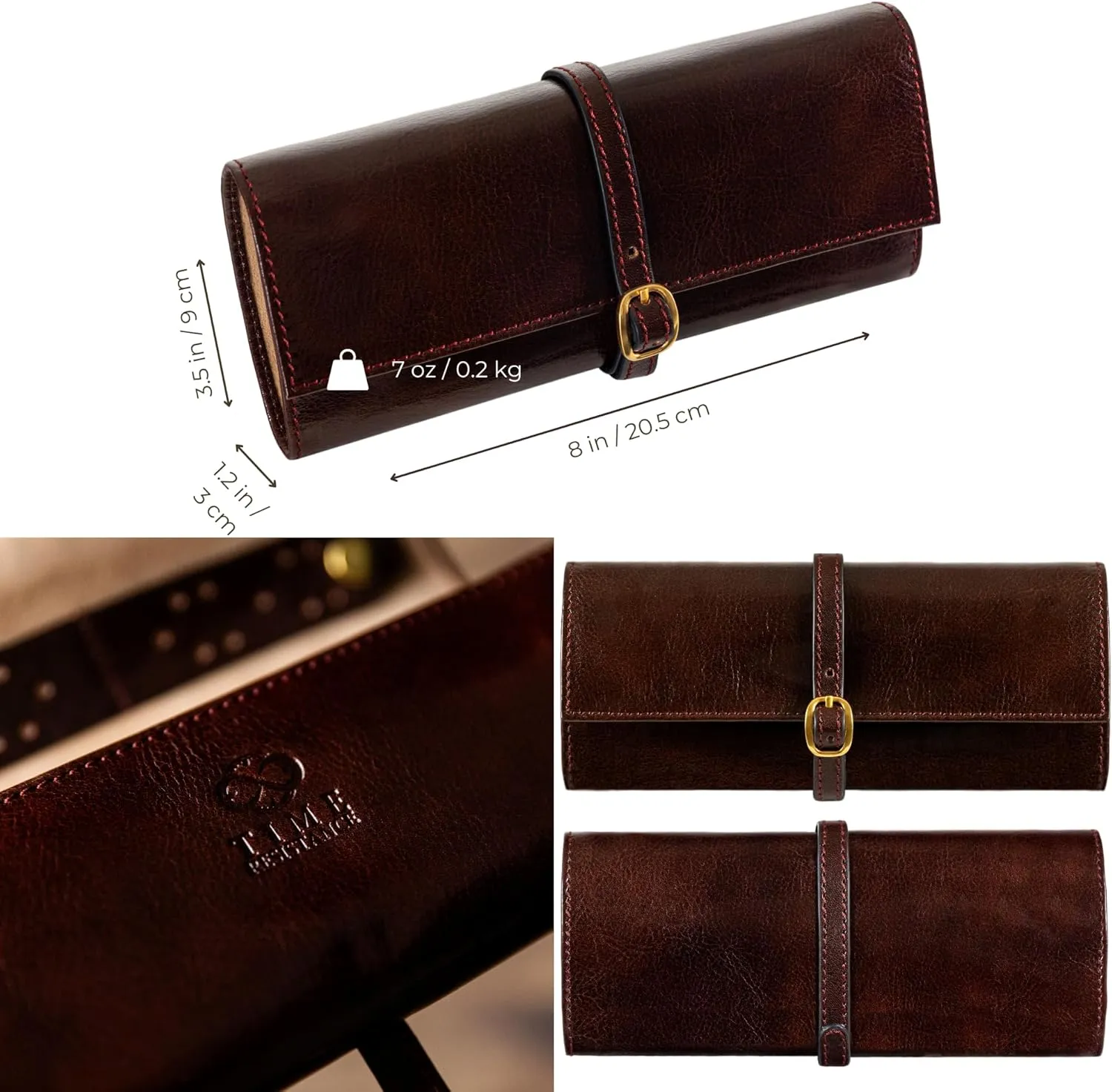 Time Resistance Leather Jewelry Roll - Full Grain Leather Travel Jewelry Case - Jewellery Organizer Made in Italy (Brown)