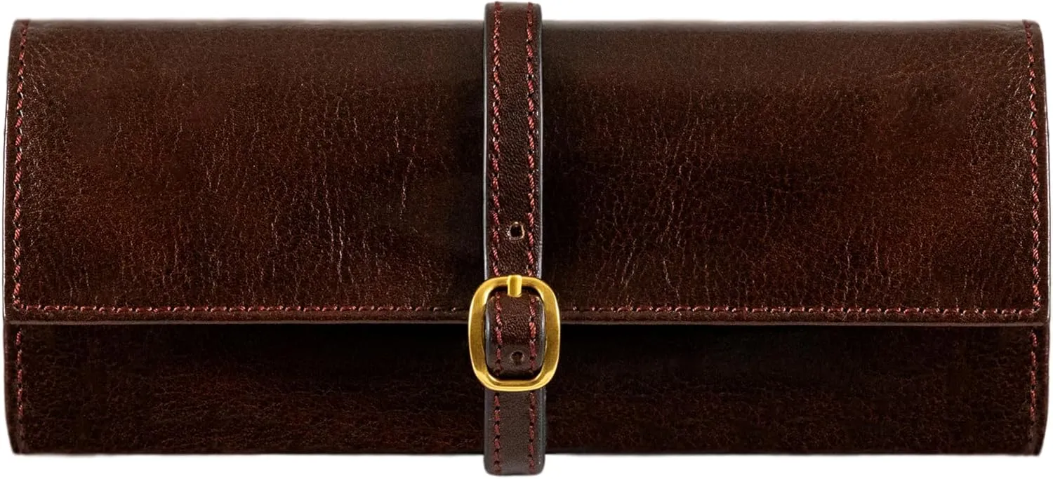 Time Resistance Leather Jewelry Roll - Full Grain Leather Travel Jewelry Case - Jewellery Organizer Made in Italy (Brown)