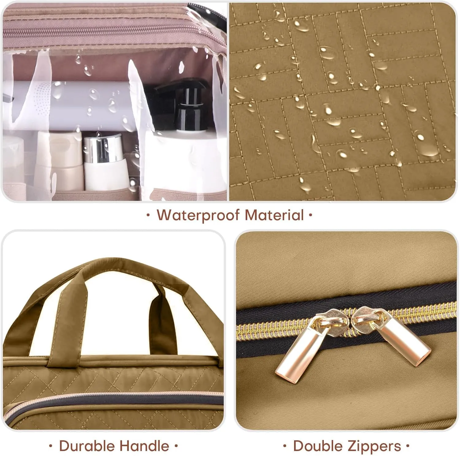 Toiletry Bag for Women with Jewelry Organizer Compartment, Travel Makeup Cosmetic Bag with Hanging Hook for Full-sized Toiletries, Shampoo - Brown