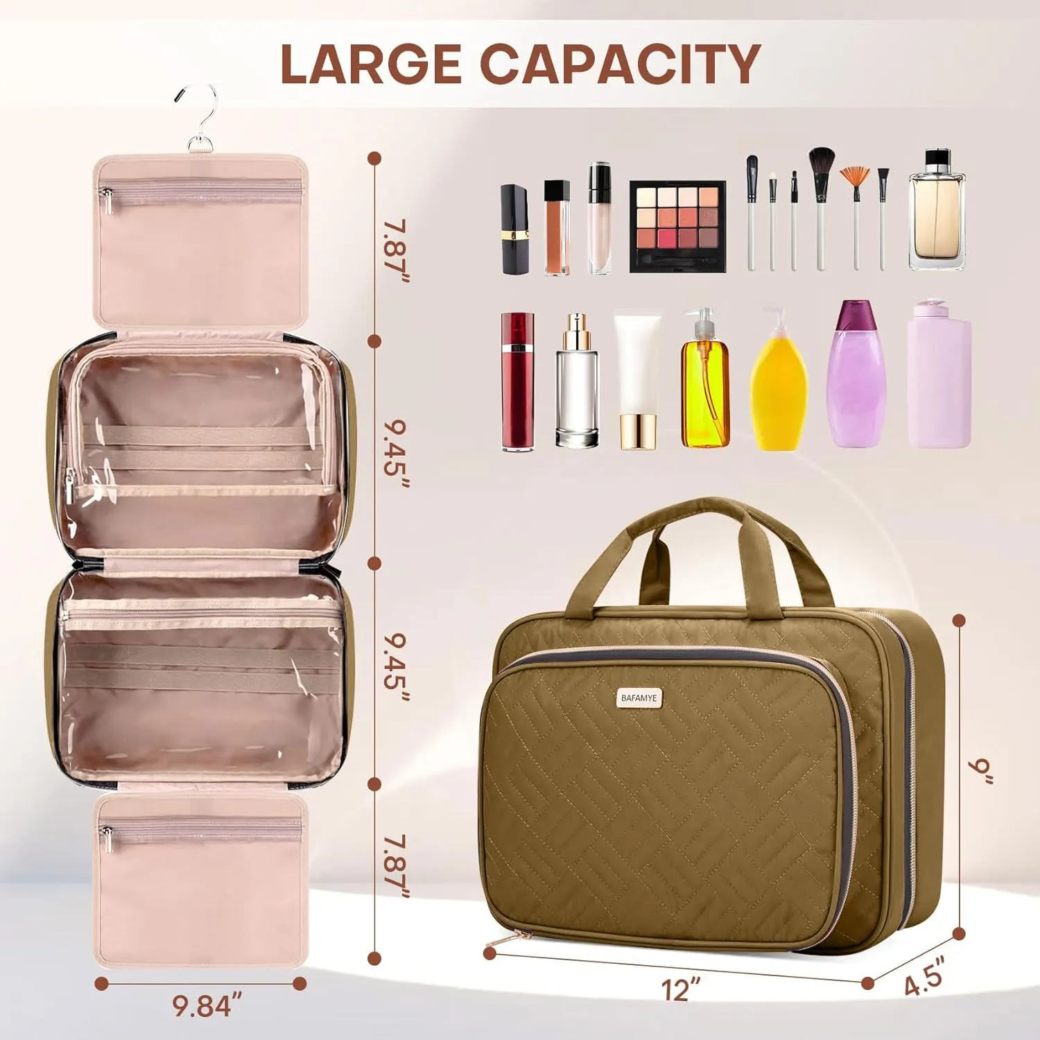 Toiletry Bag for Women with Jewelry Organizer Compartment, Travel Makeup Cosmetic Bag with Hanging Hook for Full-sized Toiletries, Shampoo - Brown