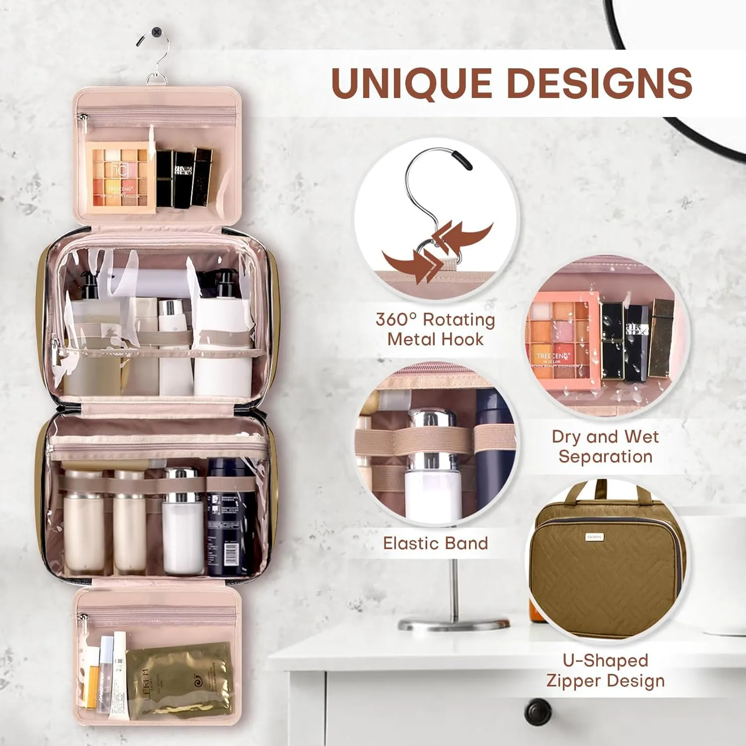 Toiletry Bag for Women with Jewelry Organizer Compartment, Travel Makeup Cosmetic Bag with Hanging Hook for Full-sized Toiletries, Shampoo - Brown
