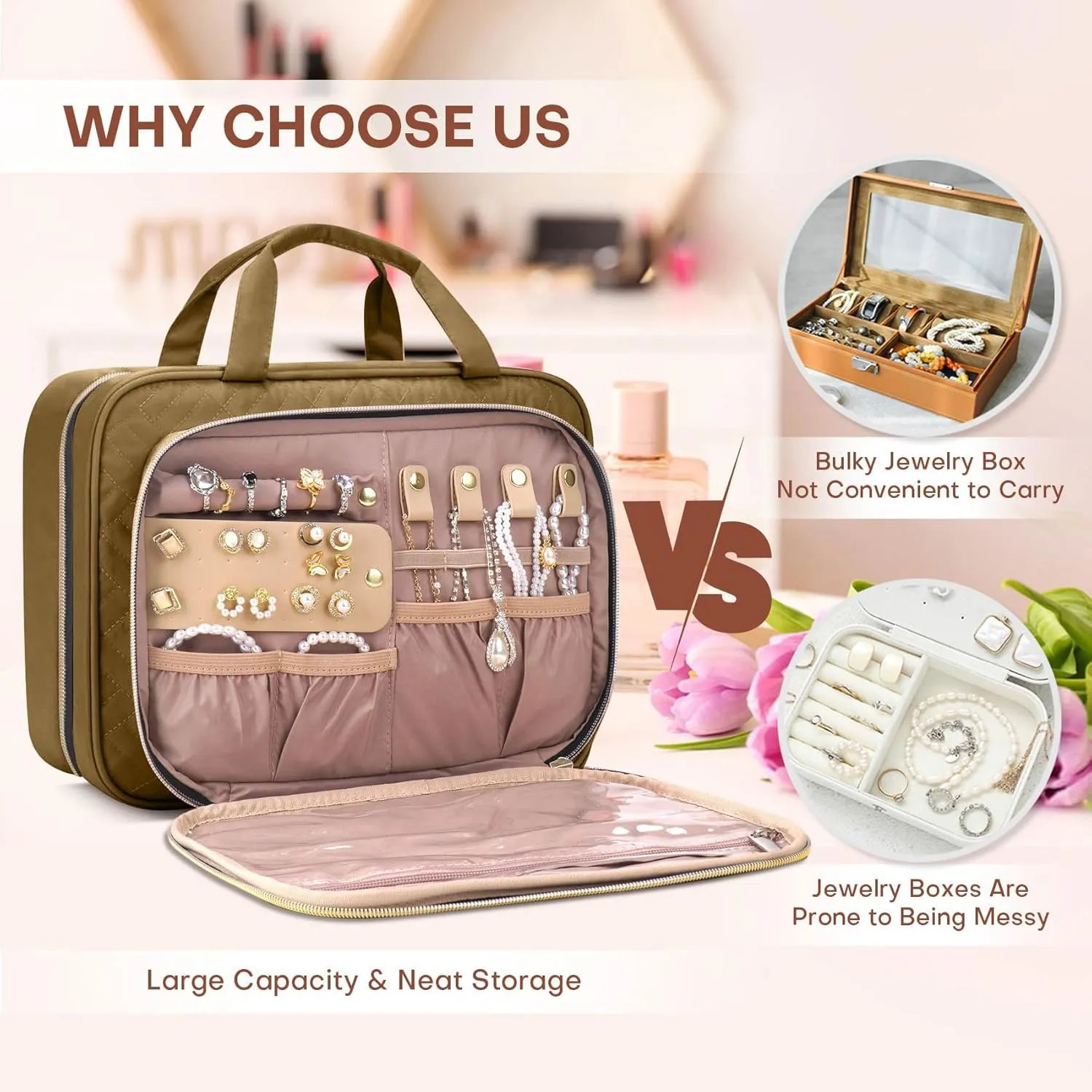 Toiletry Bag for Women with Jewelry Organizer Compartment, Travel Makeup Cosmetic Bag with Hanging Hook for Full-sized Toiletries, Shampoo - Brown