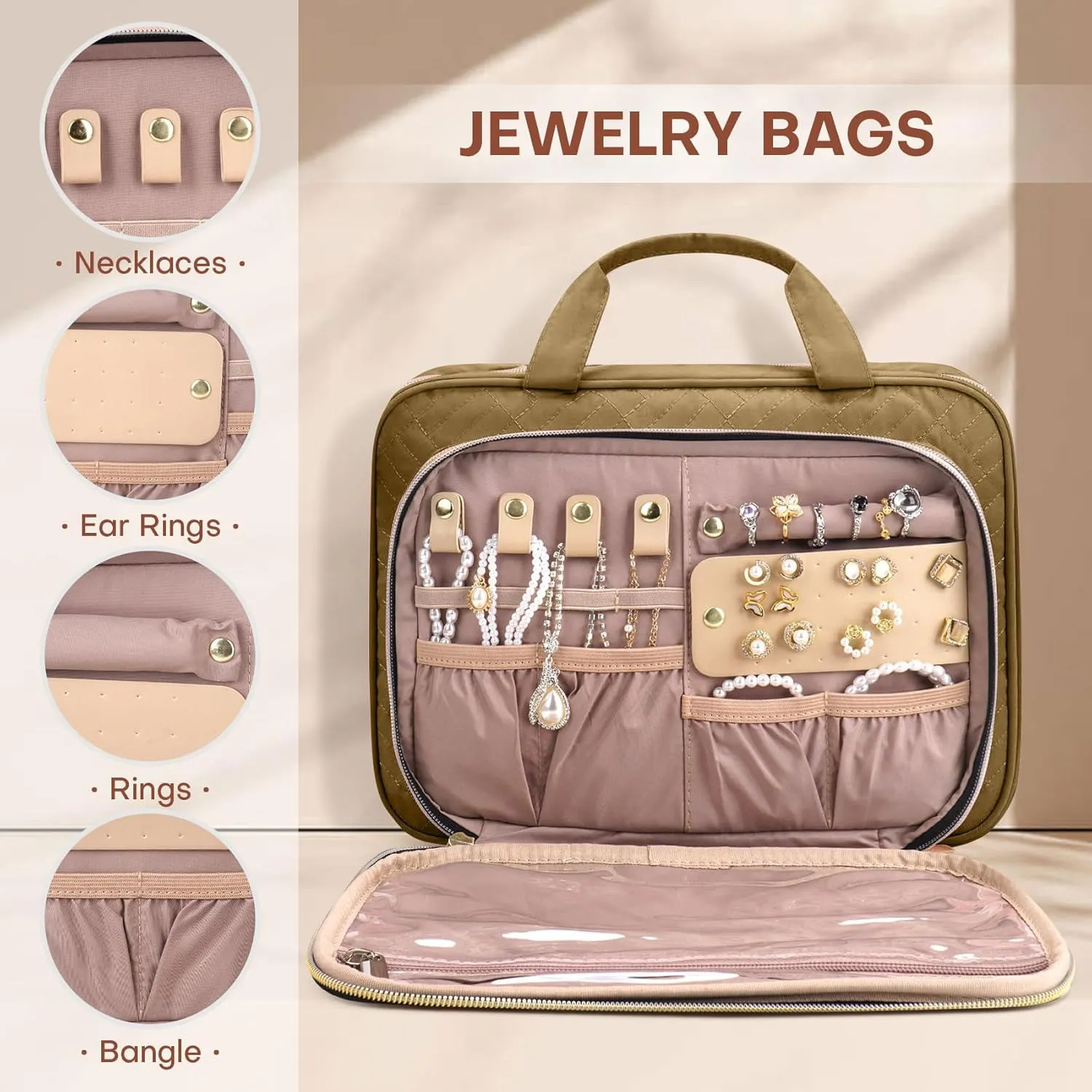Toiletry Bag for Women with Jewelry Organizer Compartment, Travel Makeup Cosmetic Bag with Hanging Hook for Full-sized Toiletries, Shampoo - Brown