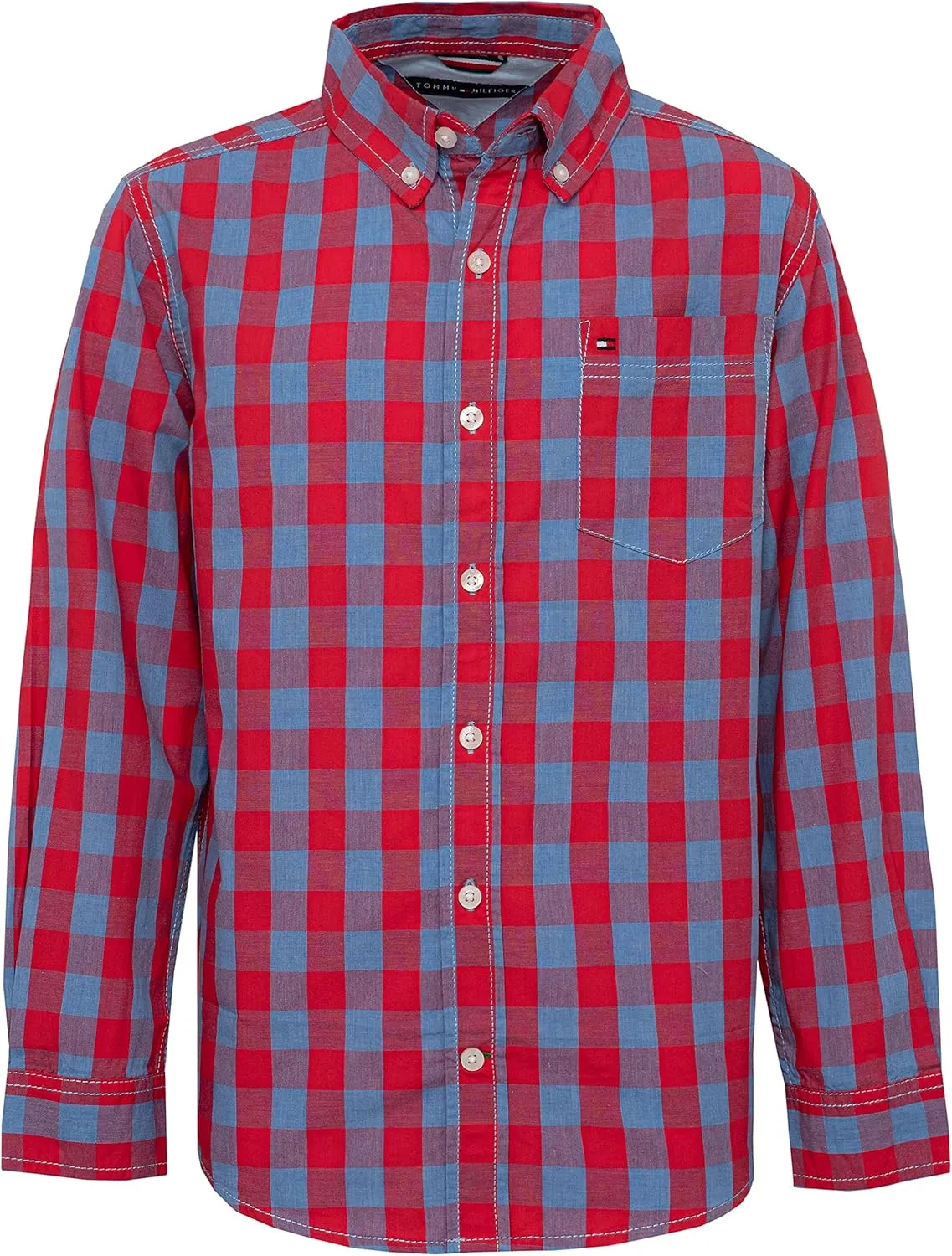 Tommy Hilfiger Boys' Long Sleeve Woven Button-Down Shirt, Lightweight & Breathable