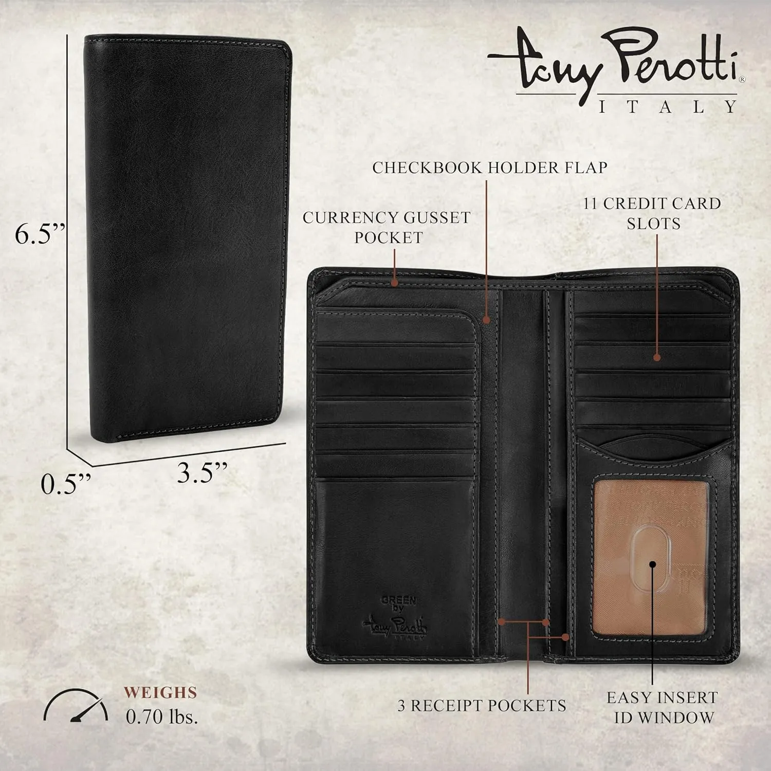 Tony Perotti Mens Long Bifold Checkbook Cover Wallet Multi Card Pocket Holder Italian Leather