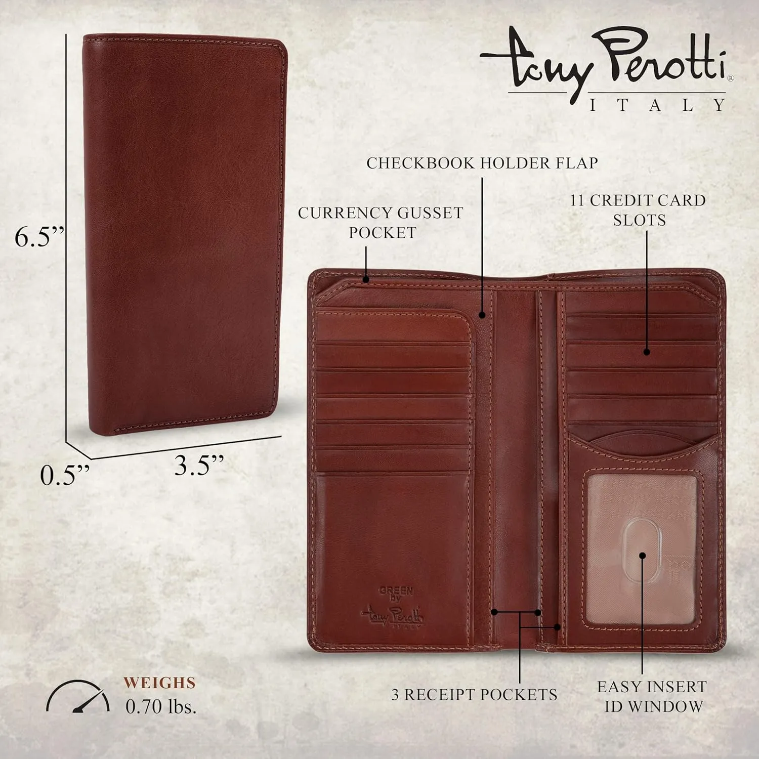 Tony Perotti Mens Long Bifold Checkbook Cover Wallet Multi Card Pocket Holder Italian Leather