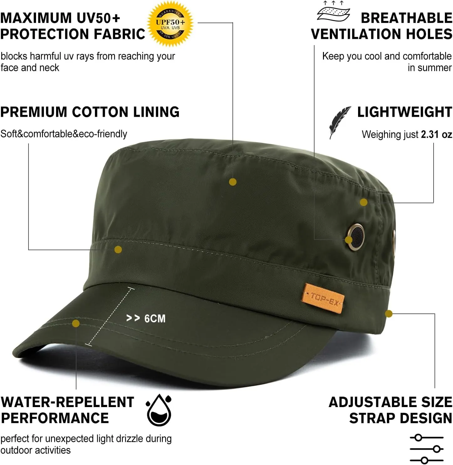 TOP-EX XXL/XL/L Waterproof & UV50  Adjustable Army Cap 58-65CM