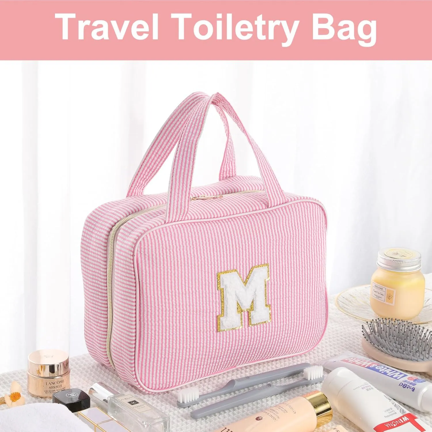 TOPEAST Teen Girl Gifts Trendy Stuff - Birthday Gifts for 7 8 9 10 11 12 13 14 15 16 17 18 Year Old Teen Girls, Hanging Toiletry Bag Initial Makeup Bag - Letter E, Pink