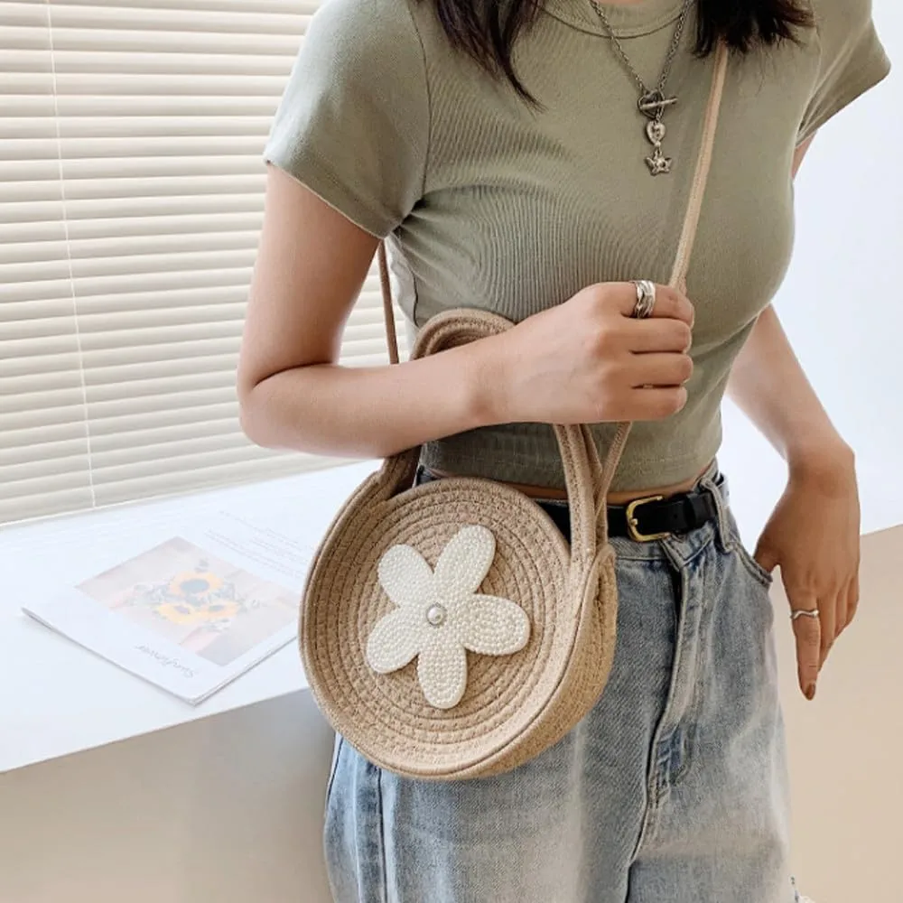 Tote Bag for Women Cotton Purses and Handbags Hand-Woven Top Handle Satchel Bag Flower Crossbody Shoulder Handbag Khaki
