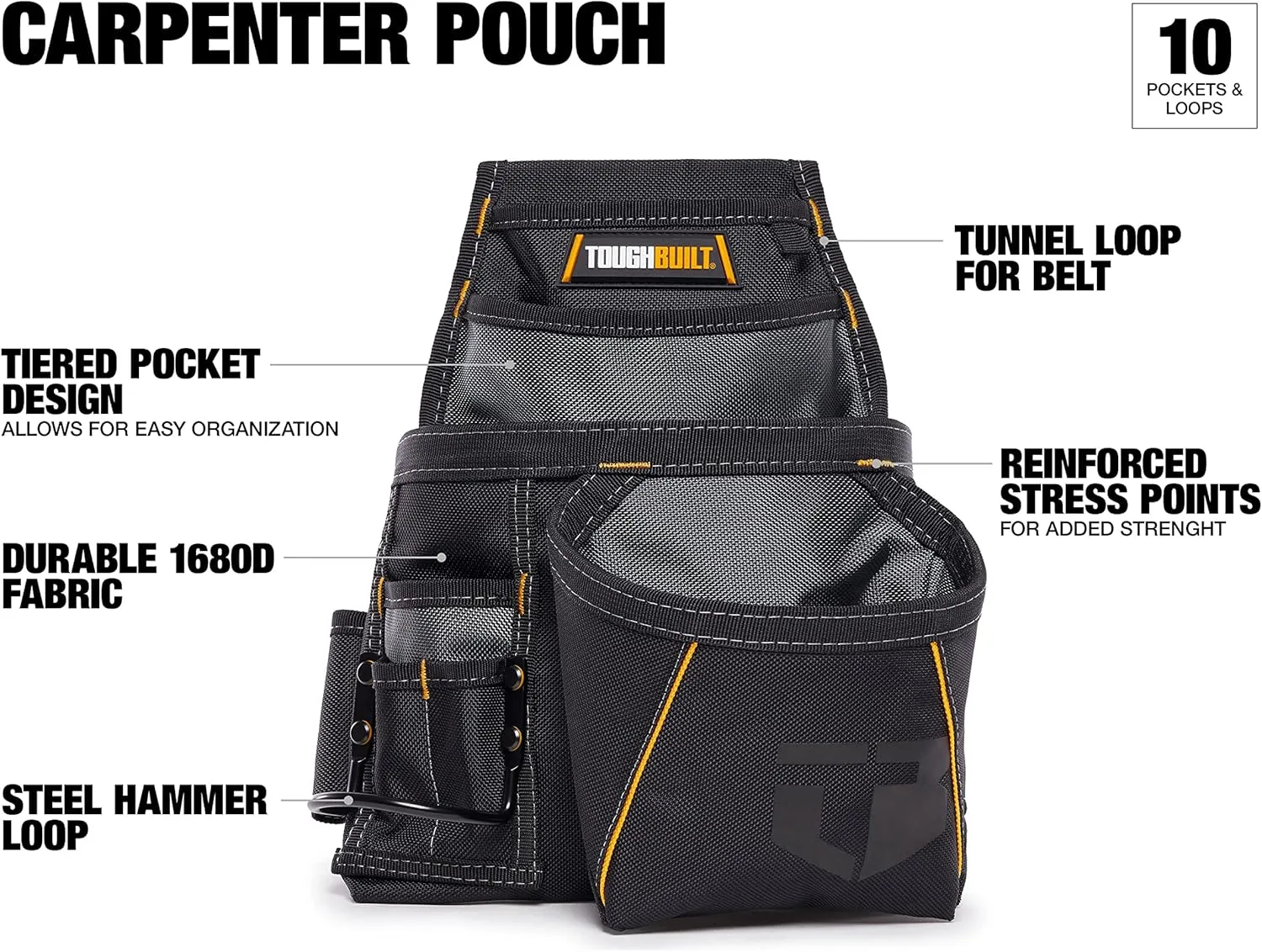 ToughBuilt - Carpenter Pouch with a Tiered Design 10 Pockets - Polyester 87%, PE Board 2%, Metal 5%, Webbing 5%, TPR Logo 1% - Easy to Use, Durable and Heavy Duty - (TB-201)