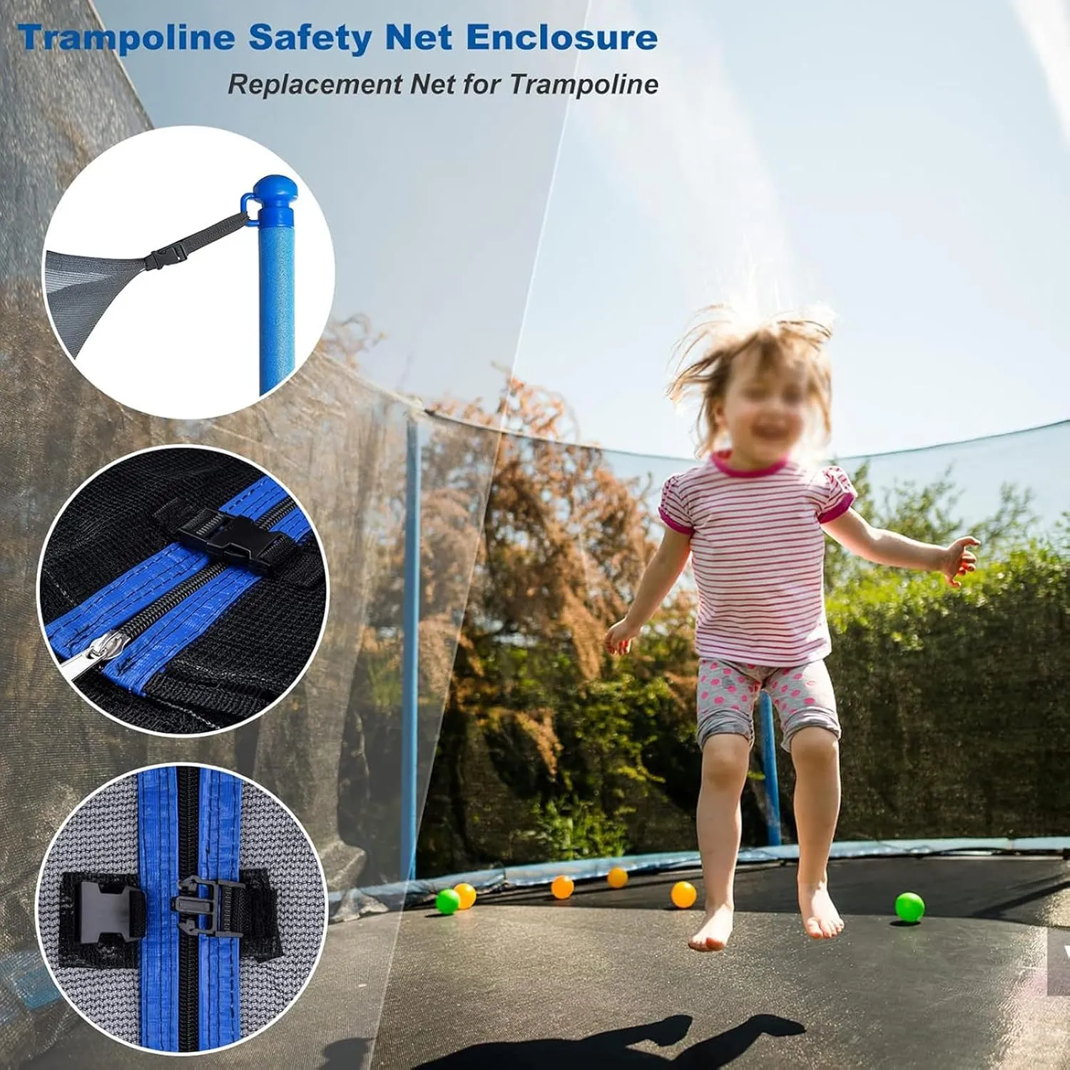 Trampoline Safety Net Replacement, for 8 Poles Round Trampoline, Trampoline Enclosure Surround Netting with Zippers and Buckles, UV Resistant Tear Resistant