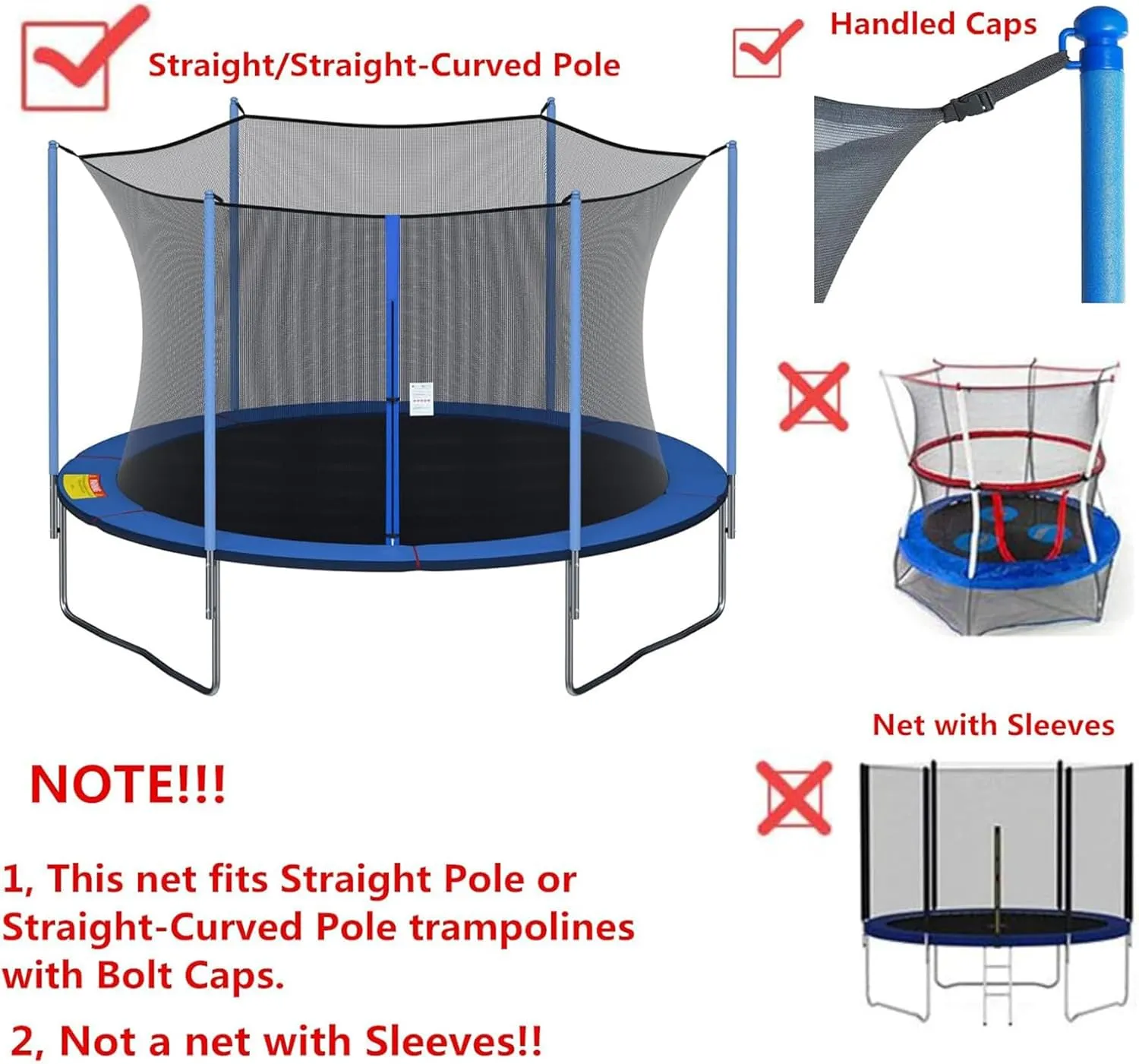 Trampoline Safety Net Replacement, for 8 Poles Round Trampoline, Trampoline Enclosure Surround Netting with Zippers and Buckles, UV Resistant Tear Resistant