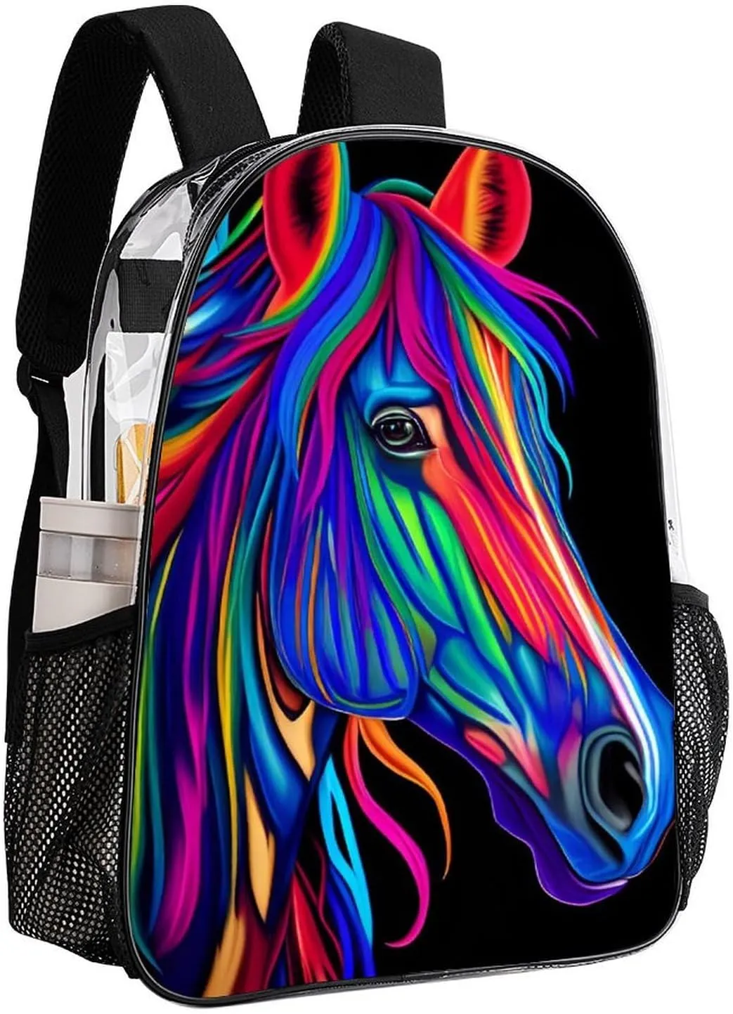 Transparent Daypack Bookbag for Gym Business Bicycle - Large Capacity Multipurpose Anti-Theft Carry On Bag, Rainbow Wild Horse Head Art Travel Hiking Daypack