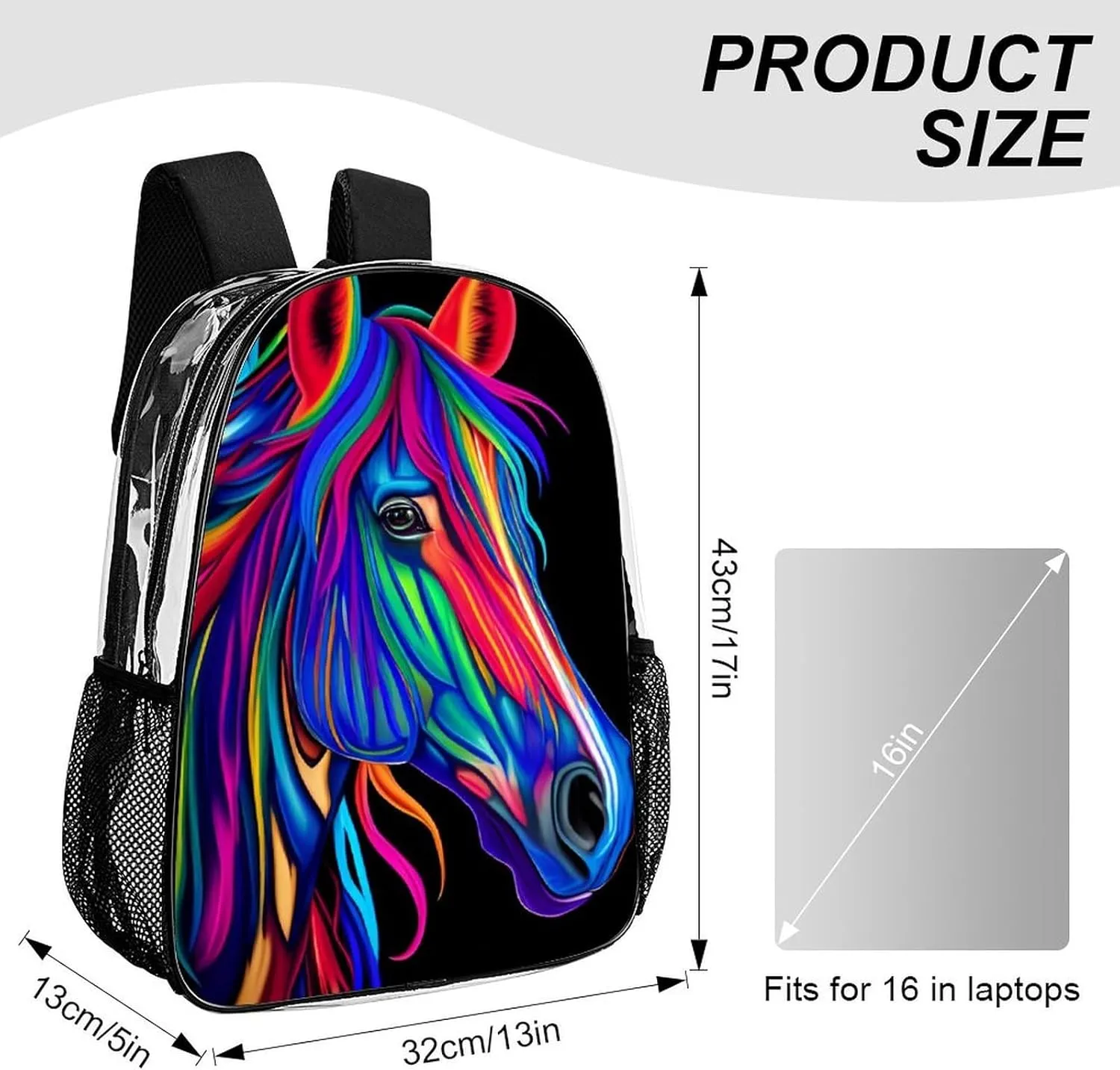 Transparent Daypack Bookbag for Gym Business Bicycle - Large Capacity Multipurpose Anti-Theft Carry On Bag, Rainbow Wild Horse Head Art Travel Hiking Daypack