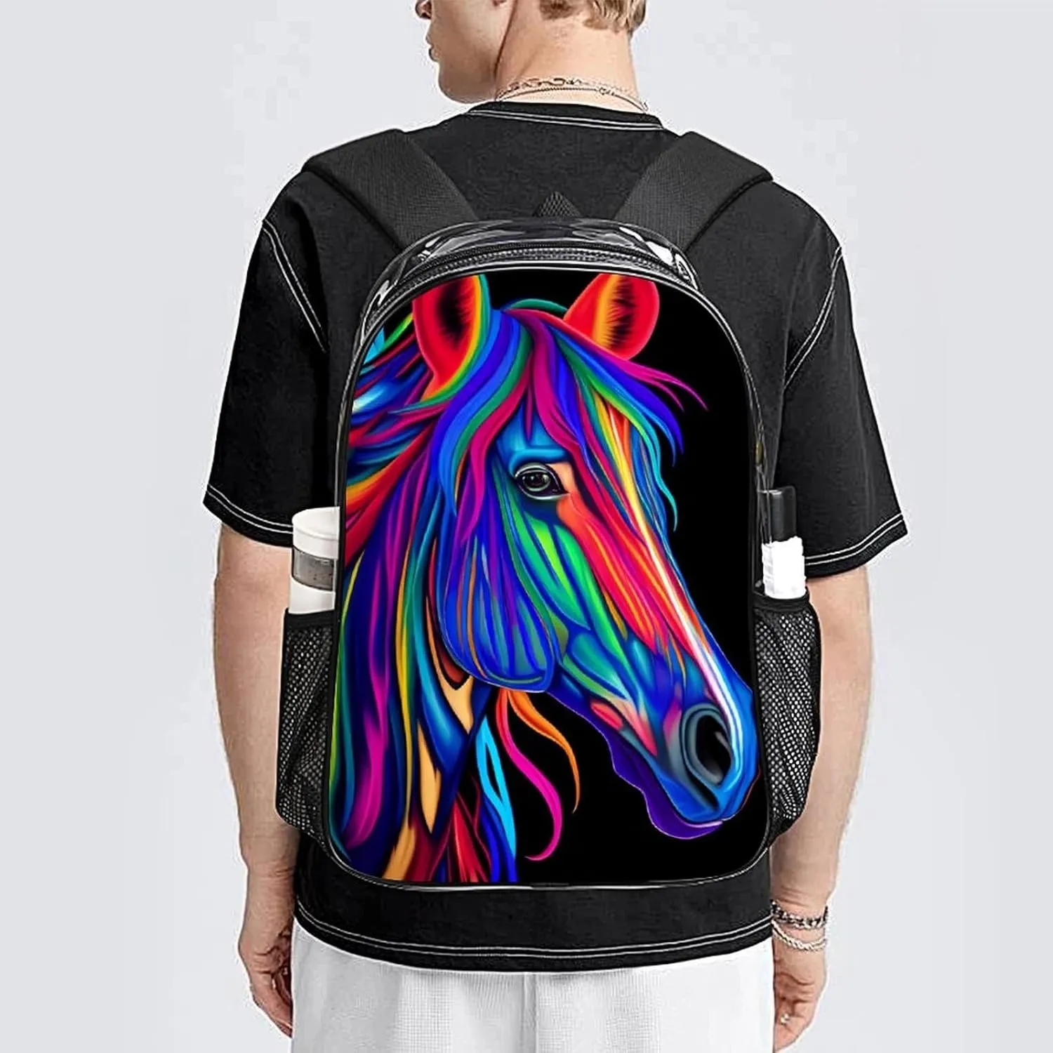 Transparent Daypack Bookbag for Gym Business Bicycle - Large Capacity Multipurpose Anti-Theft Carry On Bag, Rainbow Wild Horse Head Art Travel Hiking Daypack