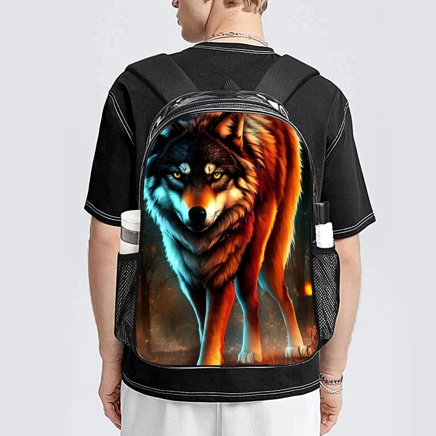 Transparent Daypack for Camping Travel Walking Cycling - Big Capacity Anti-Theft Multipurpose Bookbag, Wolf Glare Art Camping Outdoor Backpack