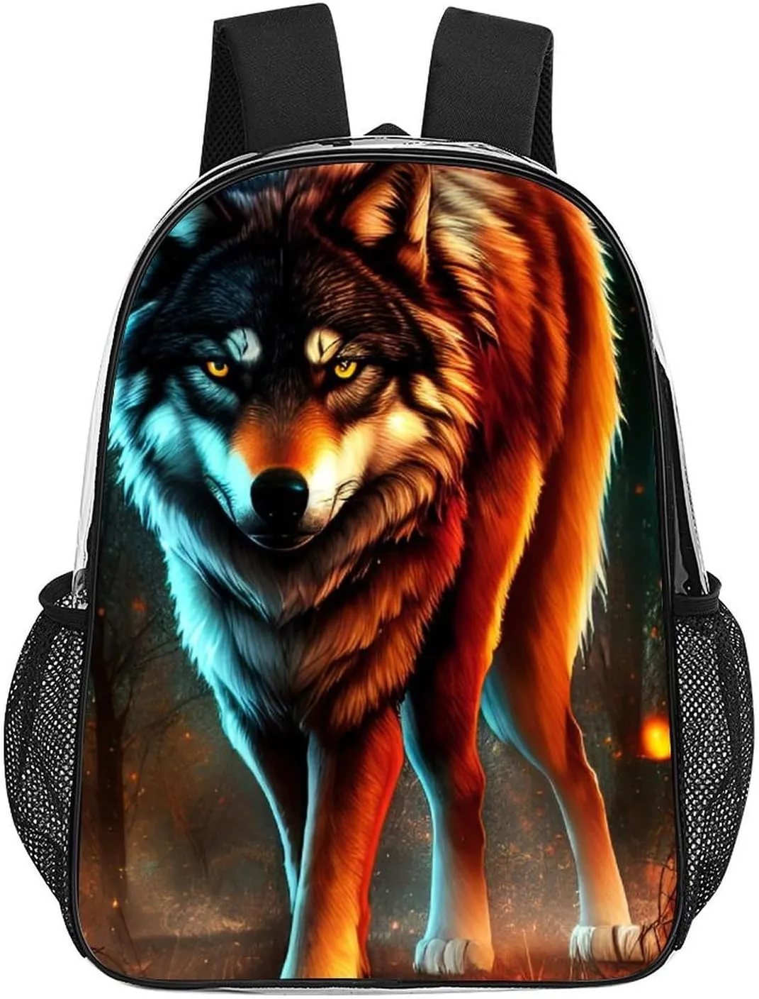 Transparent Daypack for Camping Travel Walking Cycling - Big Capacity Anti-Theft Multipurpose Bookbag, Wolf Glare Art Camping Outdoor Backpack
