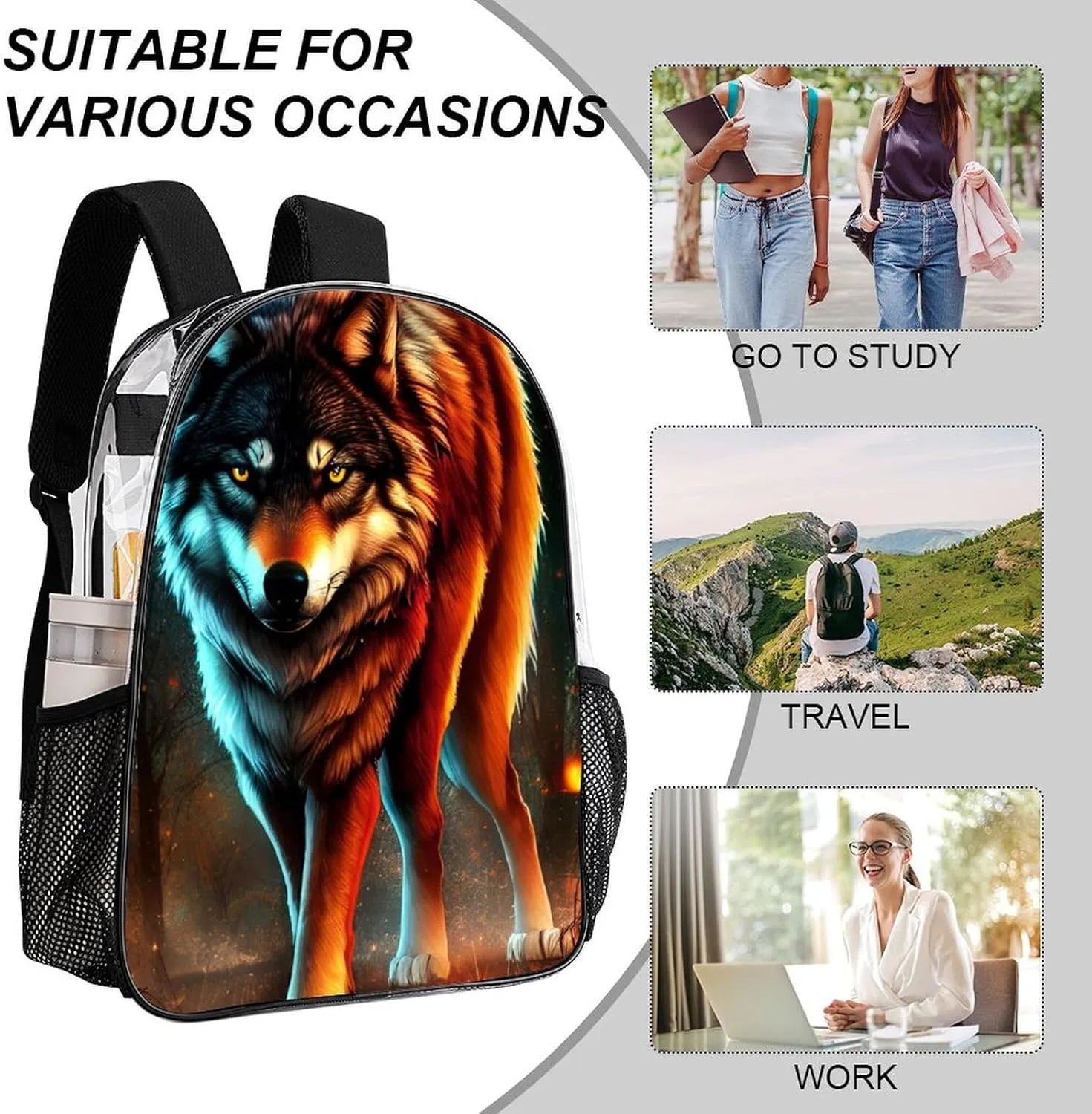 Transparent Daypack for Camping Travel Walking Cycling - Big Capacity Anti-Theft Multipurpose Bookbag, Wolf Glare Art Camping Outdoor Backpack