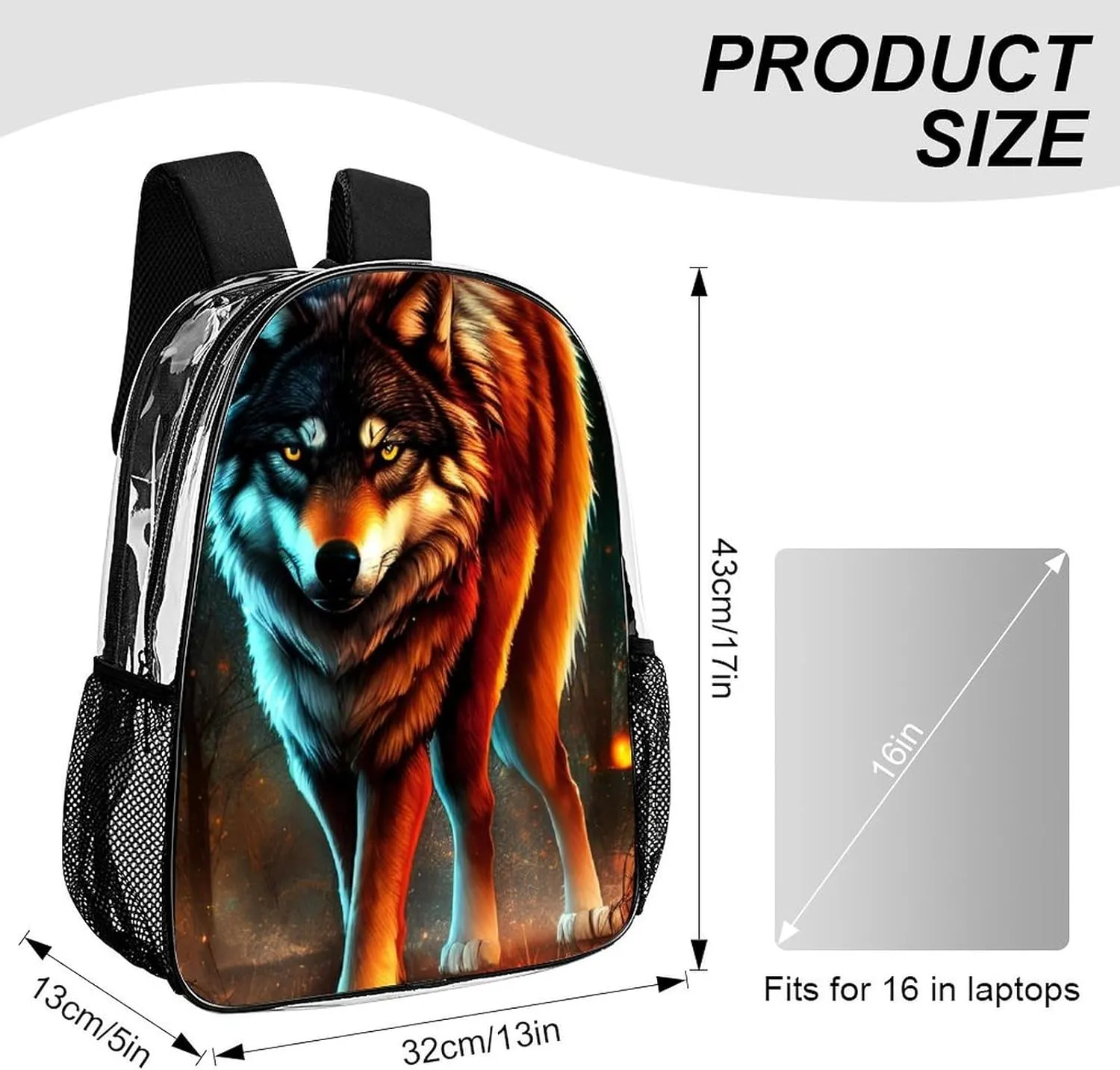 Transparent Daypack for Camping Travel Walking Cycling - Big Capacity Anti-Theft Multipurpose Bookbag, Wolf Glare Art Camping Outdoor Backpack
