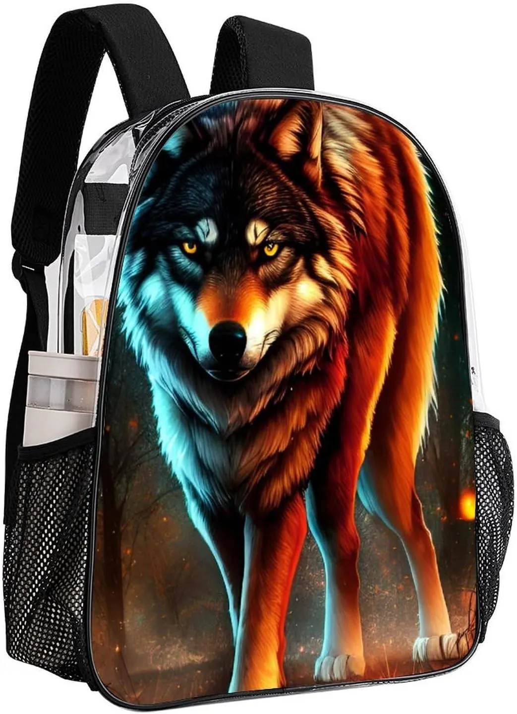 Transparent Daypack for Camping Travel Walking Cycling - Big Capacity Anti-Theft Multipurpose Bookbag, Wolf Glare Art Camping Outdoor Backpack