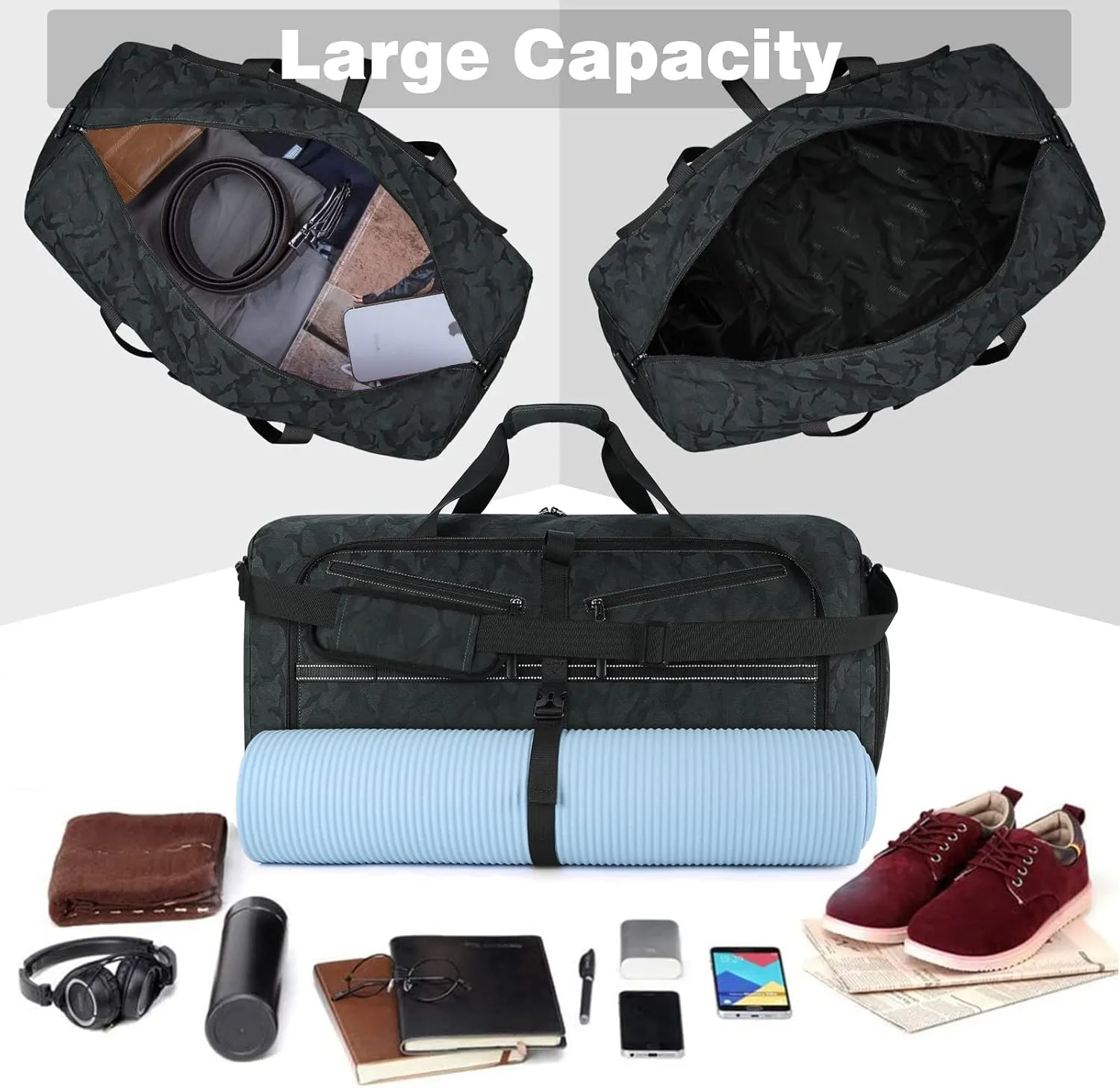 Travel Duffel Bag for Men Women 65L Waterproof Overnight Weekender Bags Foldable Sports Gym Duffle Bag with Shoes Compartment and Toiletry Bag 2pcs Set Black