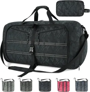 Travel Duffel Bag for Men Women 65L Waterproof Overnight Weekender Bags Foldable Sports Gym Duffle Bag with Shoes Compartment and Toiletry Bag 2pcs Set Black