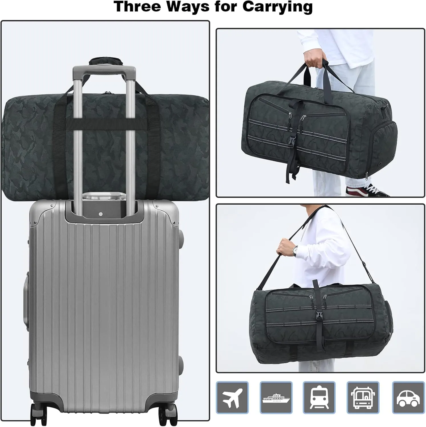 Travel Duffel Bag for Men Women 65L Waterproof Overnight Weekender Bags Foldable Sports Gym Duffle Bag with Shoes Compartment and Toiletry Bag 2pcs Set Black