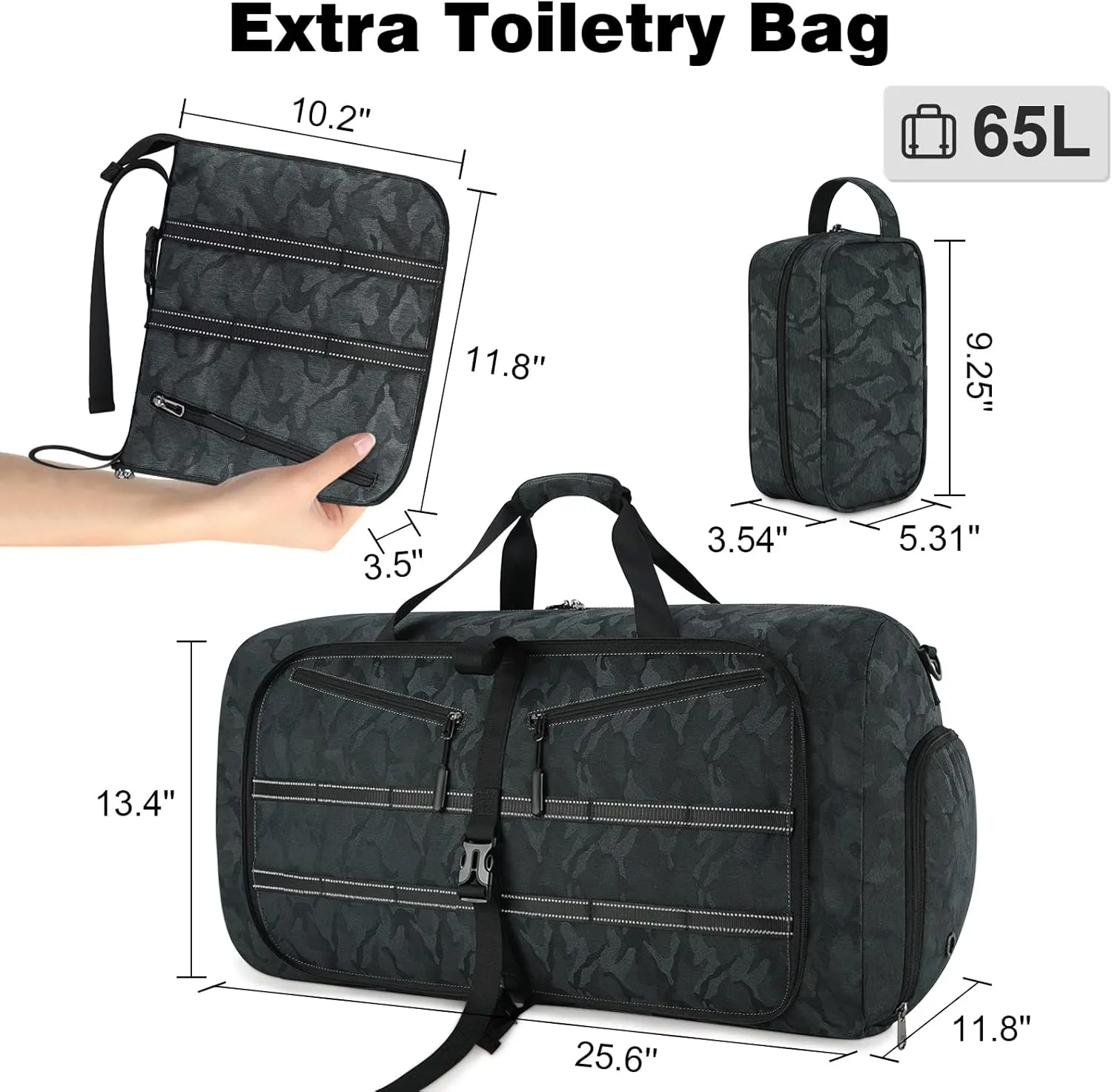 Travel Duffel Bag for Men Women 65L Waterproof Overnight Weekender Bags Foldable Sports Gym Duffle Bag with Shoes Compartment and Toiletry Bag 2pcs Set Black