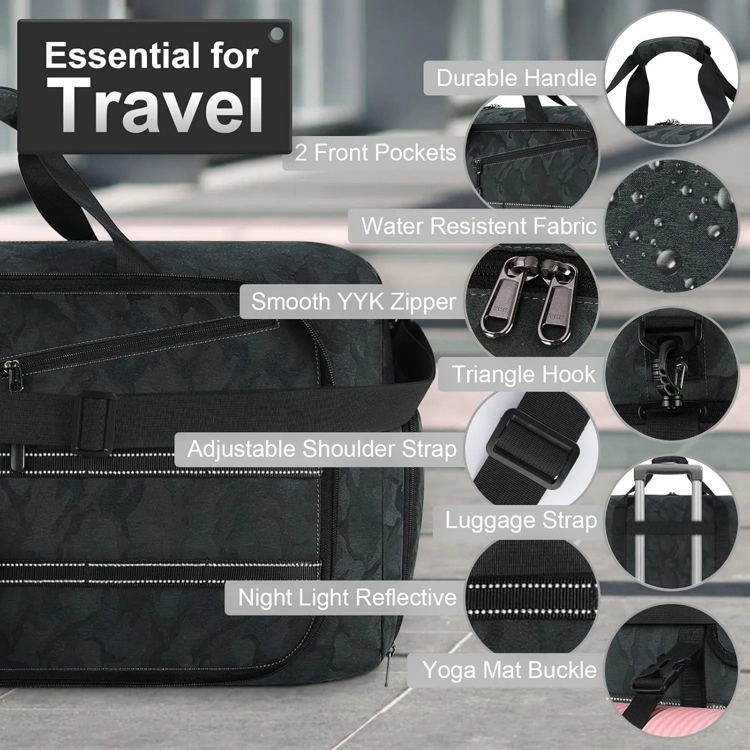 Travel Duffel Bag for Men Women 65L Waterproof Overnight Weekender Bags Foldable Sports Gym Duffle Bag with Shoes Compartment and Toiletry Bag 2pcs Set Black