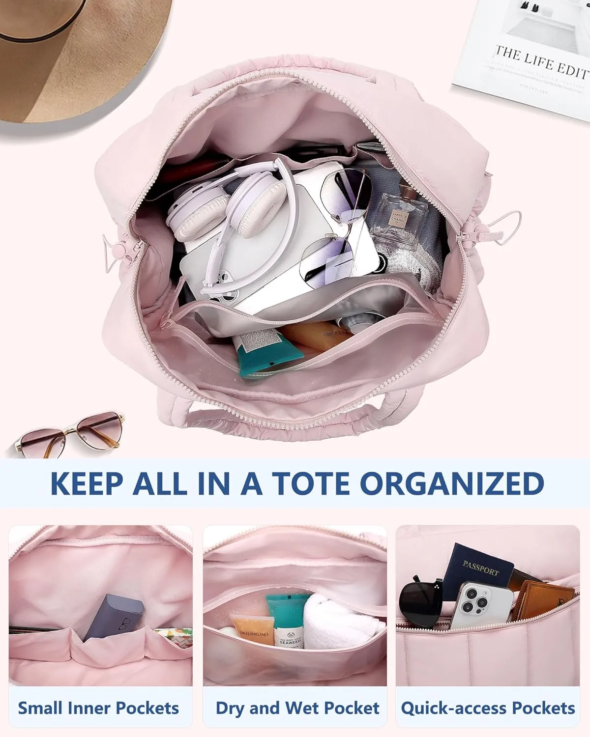 Travel Duffle Bag for Women: Weekender Bags with Toiletry Bag Gym Yoga Bag with Wet Pocket Hospital Bags Pink