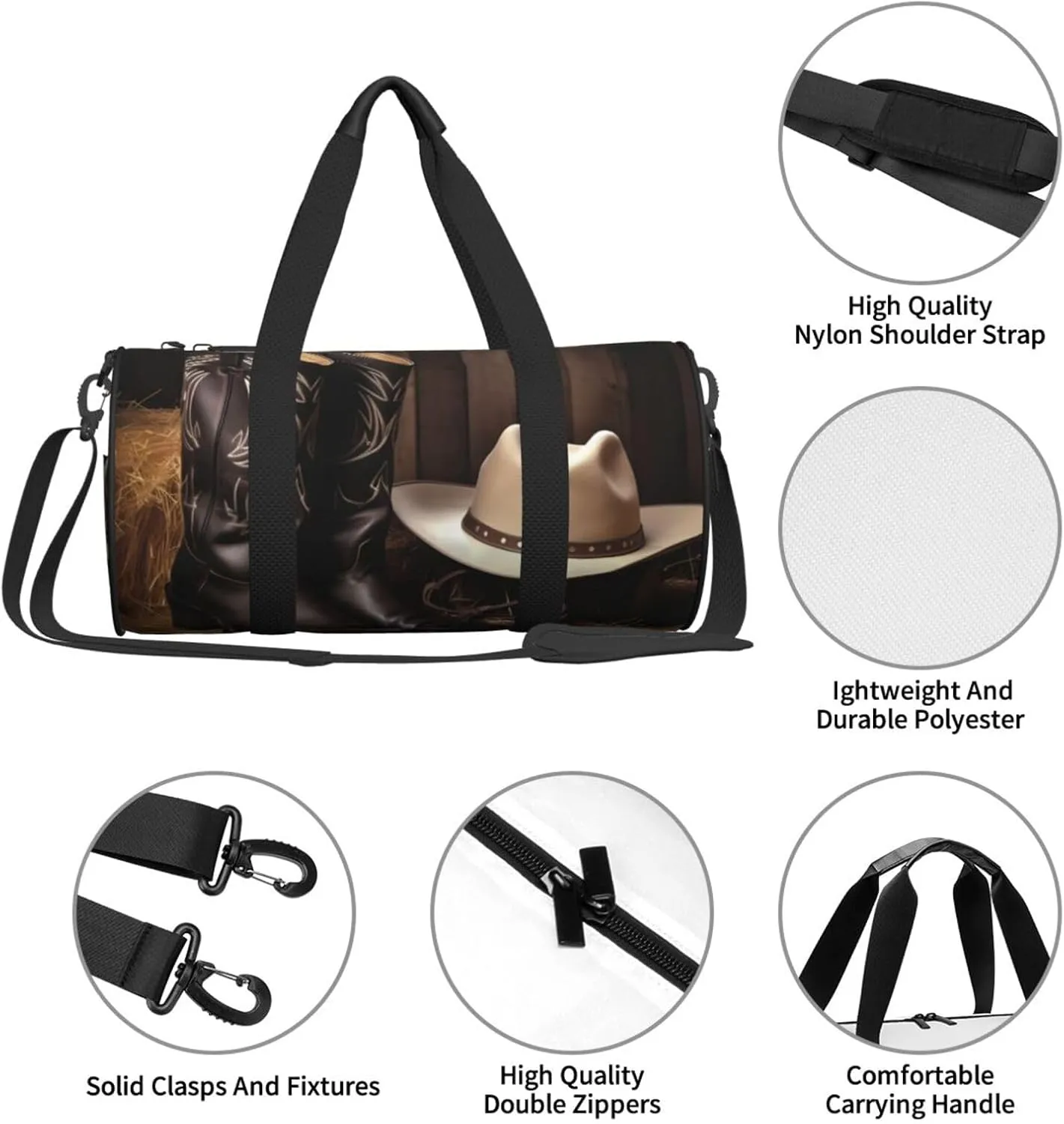 Travel Duffle Bag Weekender Bags For Men Women With Shoe Compartment Large Capacity Weekender Overnight Bag Cowboy Black Hat Western Boots Carry On Tote Bags Sport Gym Bag For Travel Yoga