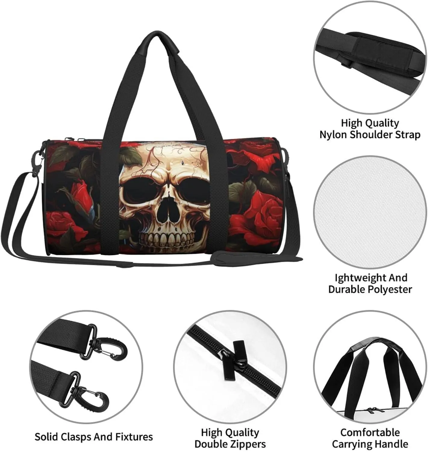 Travel Duffle Bag Weekender Bags for Men Women with Shoe Compartment Large Capacity Weekender Overnight Bag Skull Rose-Red Carry On Tote Bags Sport Gym Bag for Travel Yoga
