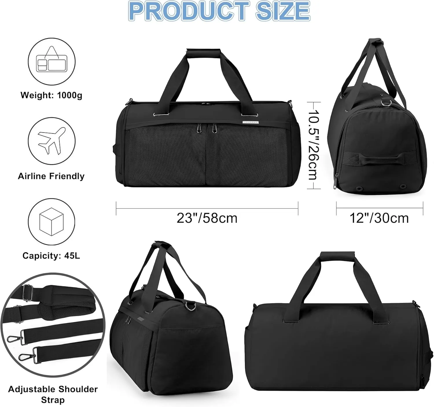 Travel Duffle Bag,Weekender Bags for Women with Shoe Compartment，Carry on Overnight Bag Gym Duffel Bag (black)