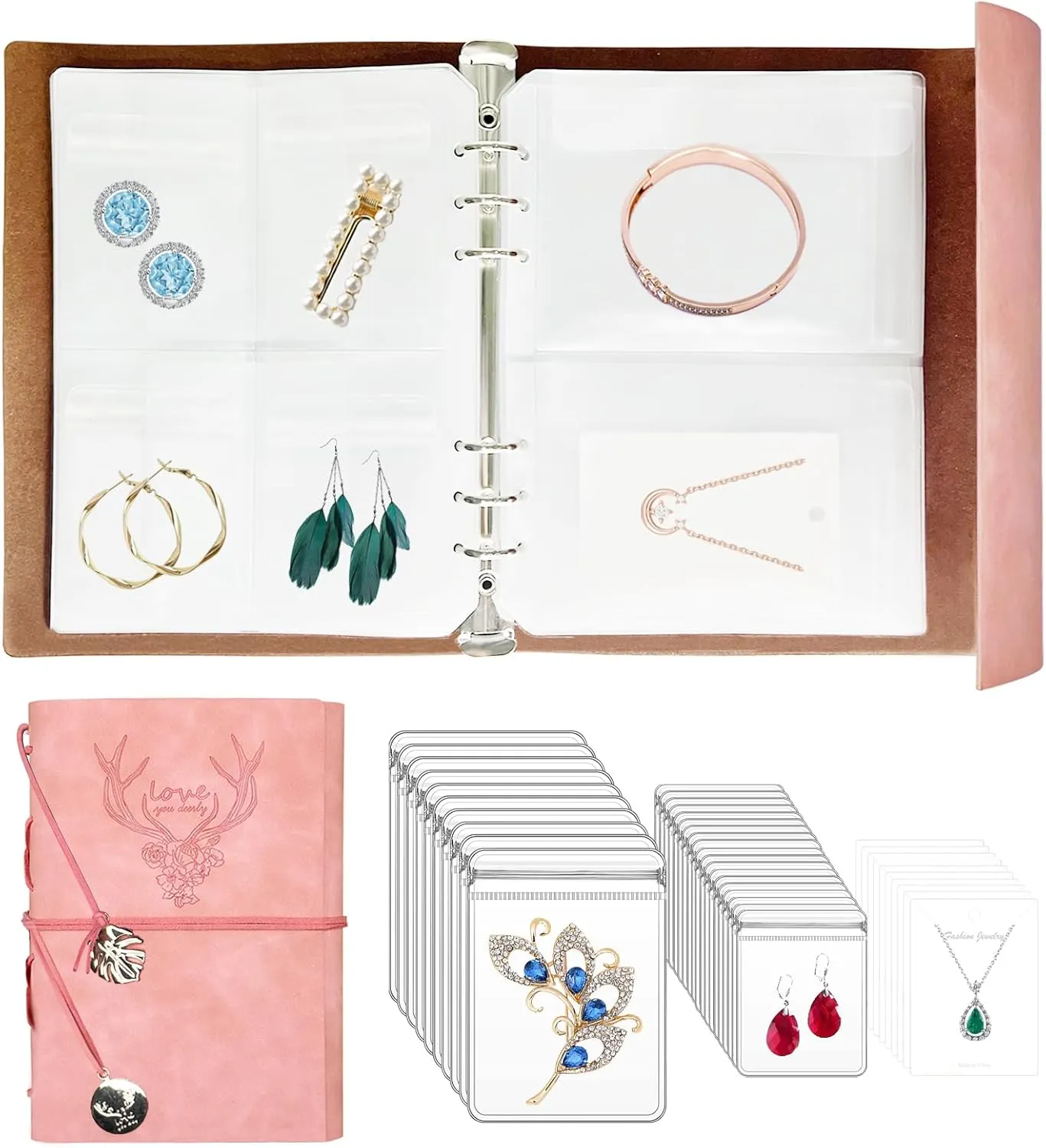 Travel Jewelry Organizer, A5 Binder Jewelry Storage Book with Pockets, Foldable Earring Holder with Clear Jewelry Bags for Ring, Studs and Bracelet(70 Grids 70 Thicken PVC Bags)