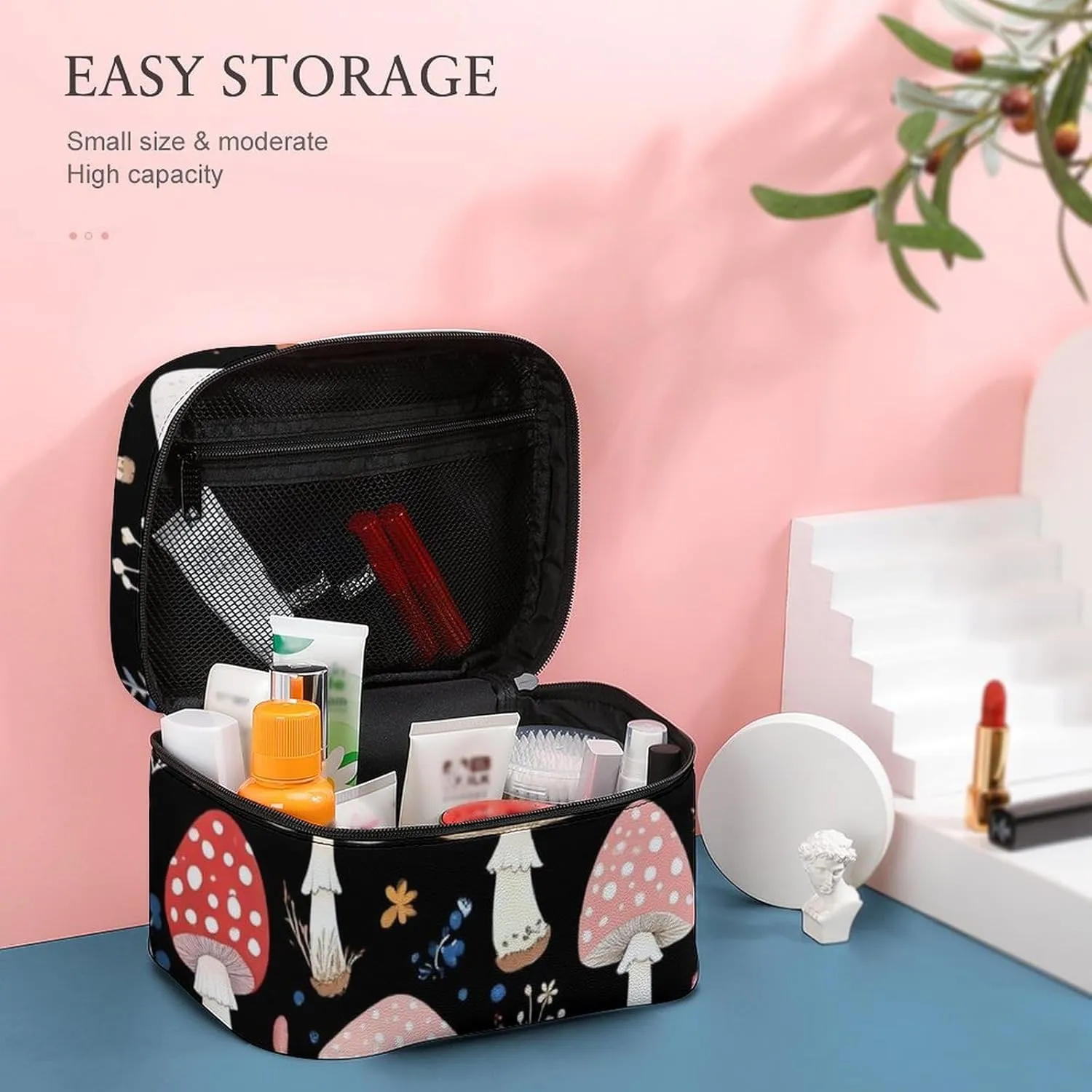 Travel Large Cosmetic Bag for Women, Portable Makeup Organizer Case with Handle Autumn Fall Leaves Cool Mushrooms Toiletry Bag Makeup Accessories