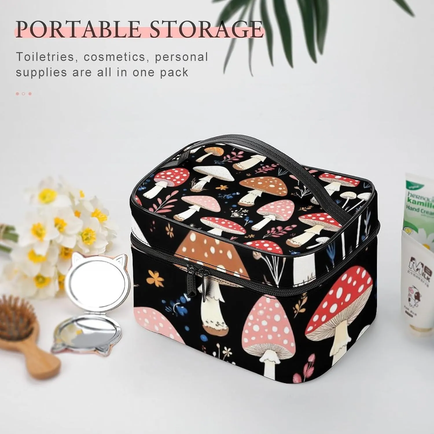 Travel Large Cosmetic Bag for Women, Portable Makeup Organizer Case with Handle Autumn Fall Leaves Cool Mushrooms Toiletry Bag Makeup Accessories