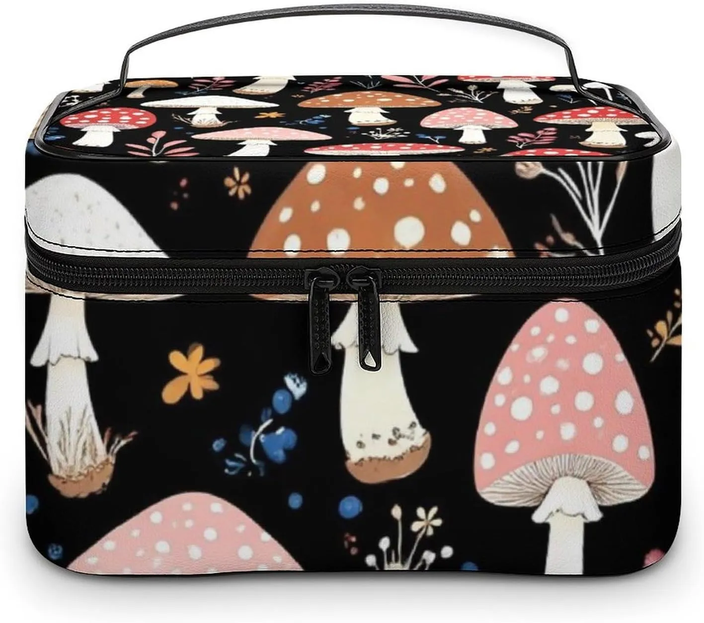 Travel Large Cosmetic Bag for Women, Portable Makeup Organizer Case with Handle Autumn Fall Leaves Cool Mushrooms Toiletry Bag Makeup Accessories
