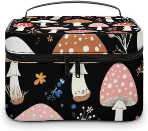 Travel Large Cosmetic Bag for Women, Portable Makeup Organizer Case with Handle Autumn Fall Leaves Cool Mushrooms Toiletry Bag Makeup Accessories