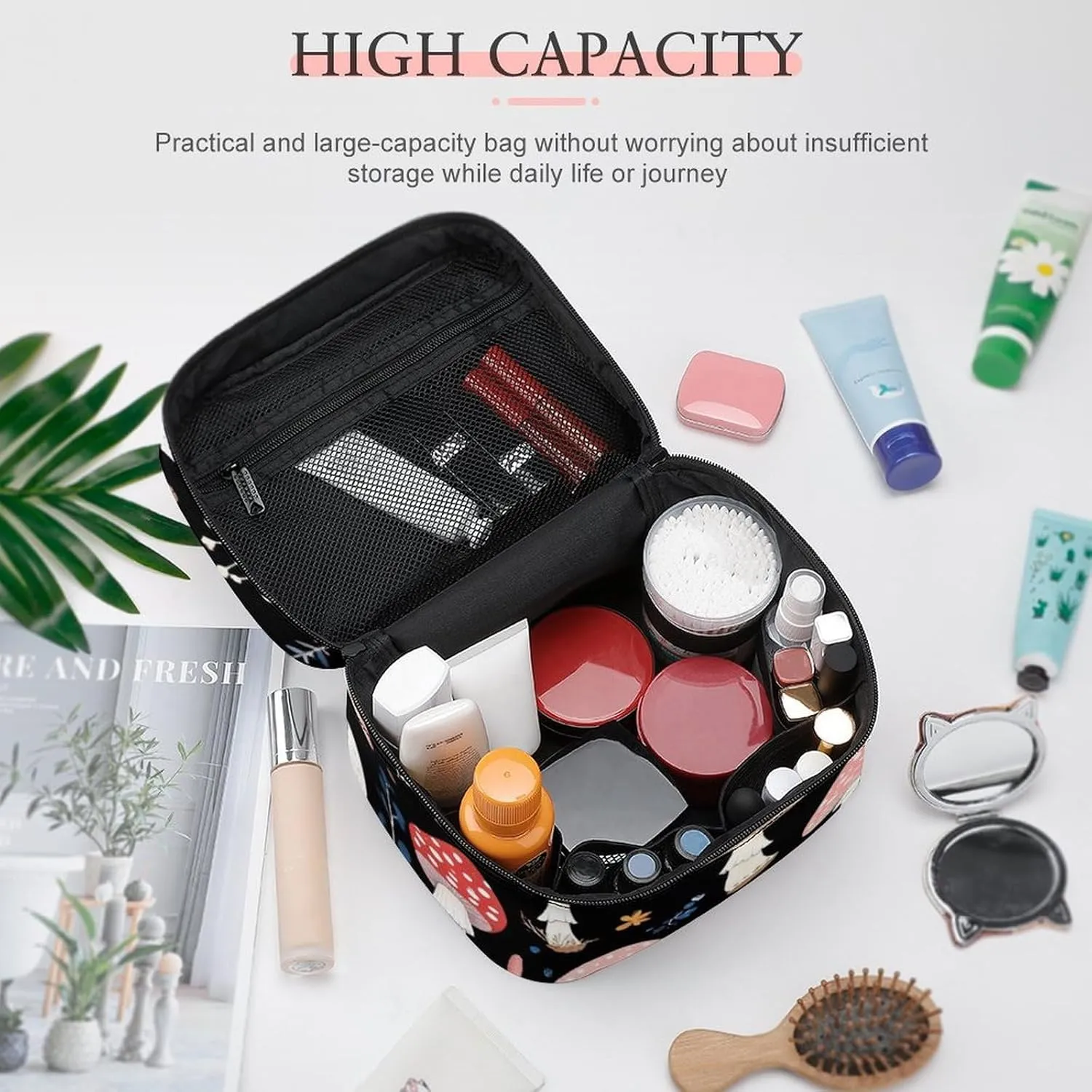 Travel Large Cosmetic Bag for Women, Portable Makeup Organizer Case with Handle Autumn Fall Leaves Cool Mushrooms Toiletry Bag Makeup Accessories