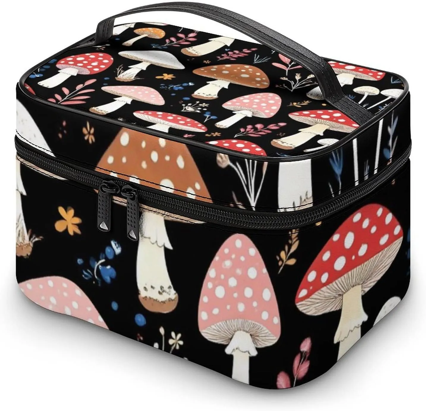 Travel Large Cosmetic Bag for Women, Portable Makeup Organizer Case with Handle Autumn Fall Leaves Cool Mushrooms Toiletry Bag Makeup Accessories