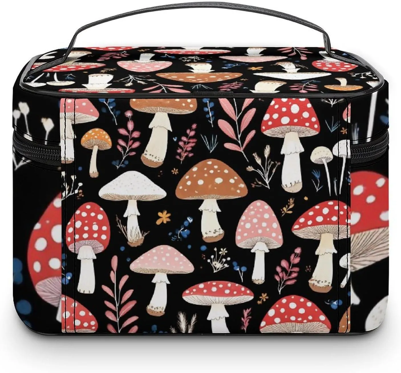 Travel Large Cosmetic Bag for Women, Portable Makeup Organizer Case with Handle Autumn Fall Leaves Cool Mushrooms Toiletry Bag Makeup Accessories