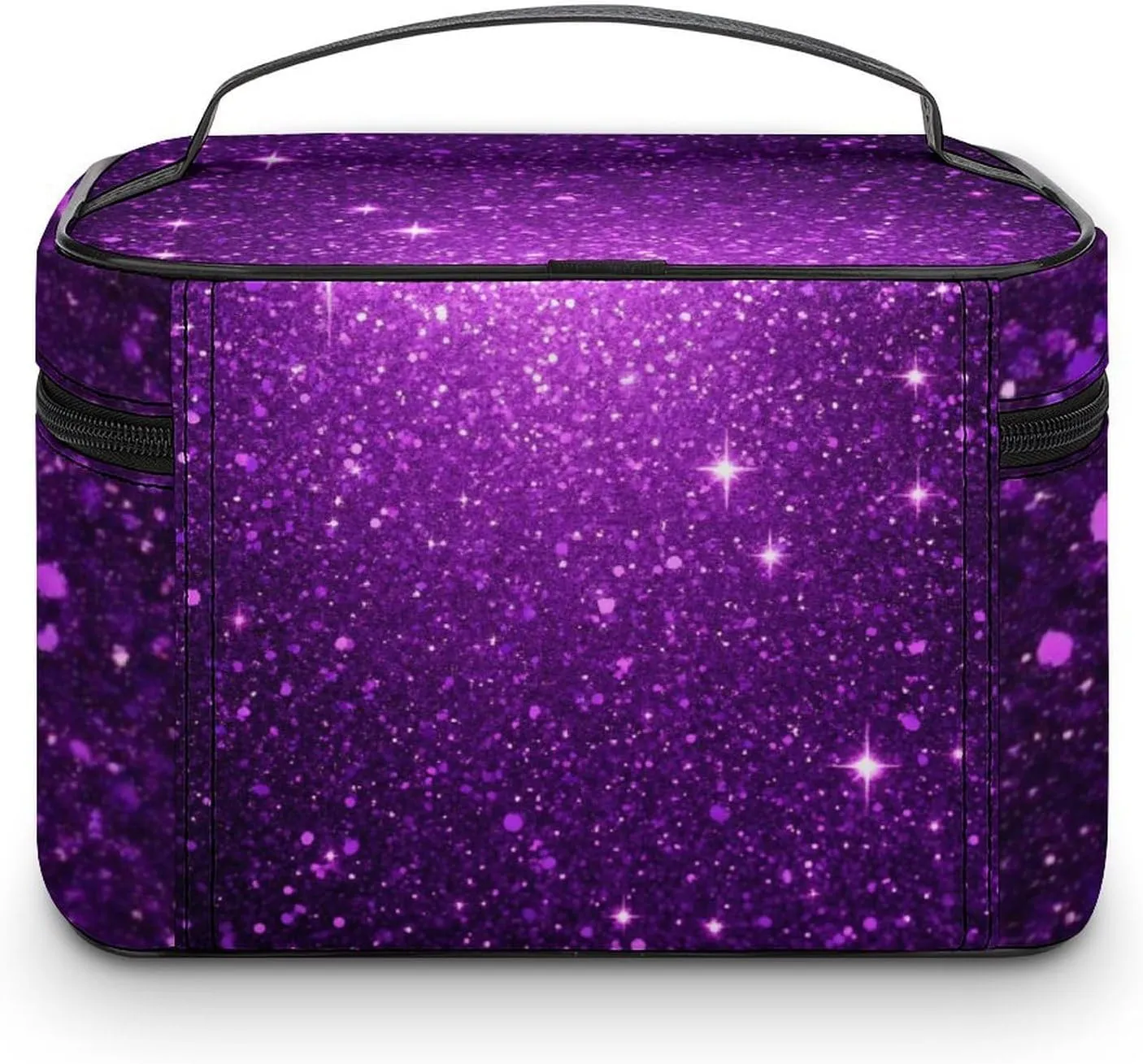 Travel Large Cosmetic Bag for Women, Portable Makeup Organizer Case with Handle Beautiful Dark Purple Bling Glitter Sparkles Pattern Toiletry Bag Makeup Accessories