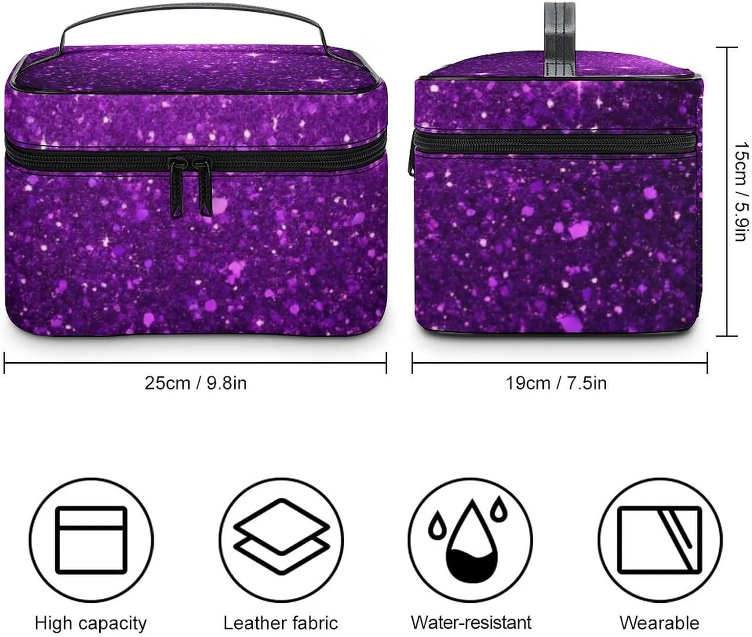 Travel Large Cosmetic Bag for Women, Portable Makeup Organizer Case with Handle Beautiful Dark Purple Bling Glitter Sparkles Pattern Toiletry Bag Makeup Accessories